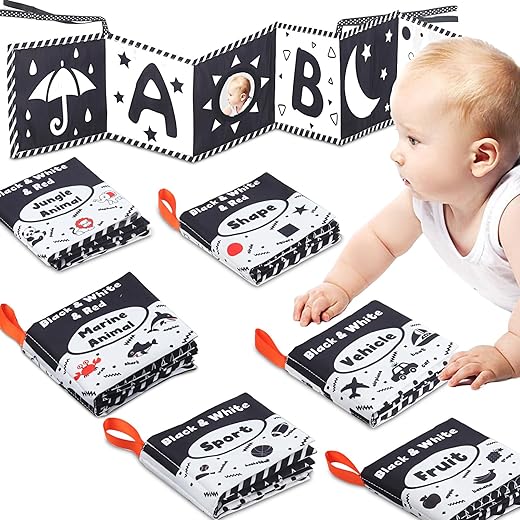 7PCS Black and White High Contrast Baby Crinkle Books-Soft Infant Sensory Educational Toys 0-3 6 12 Months-Tummy Time Toys-Newborn Montessori Development Stroller Toys-Baby Boys Girls Shower Gifts