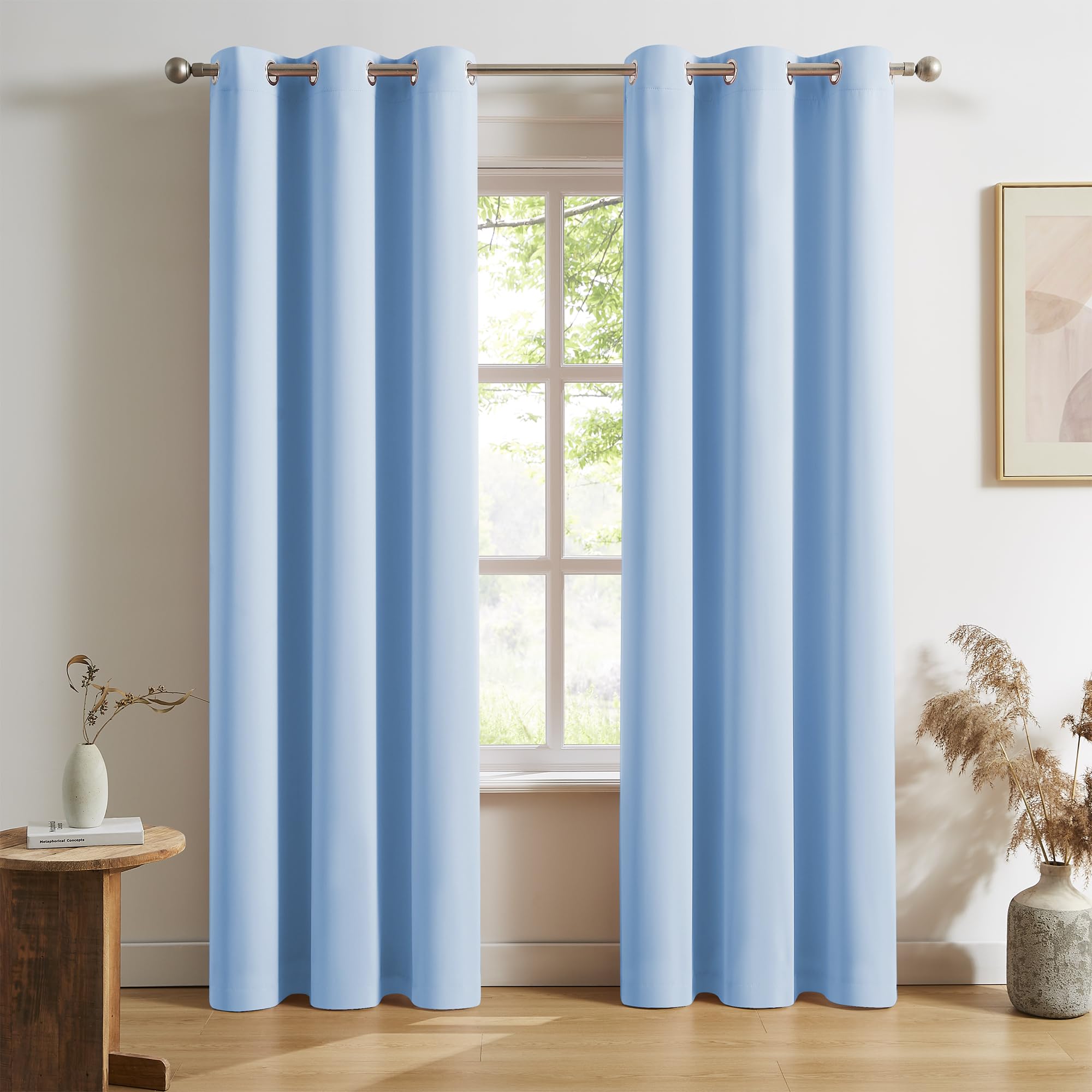 DUALIFE Light Sky Blue Curtains for Living Room and Bedroom 96 Inch Length Solid Room Darkening Curtains Thermal Insulated Grommet Top 42 by 96 Inch