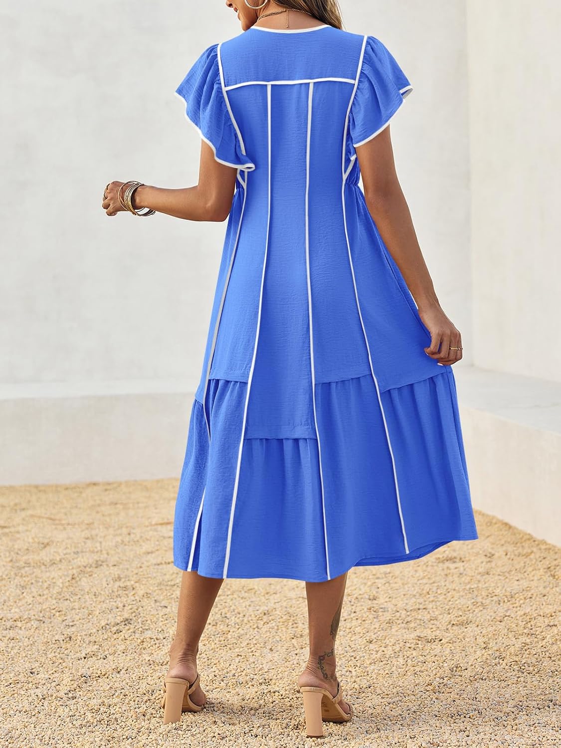 Wenrine Womens Summer V Neck Midi Dress Casual Ruffle Sleeve Contrast Color Loose Fit Flowy Long Dresses - Image 4