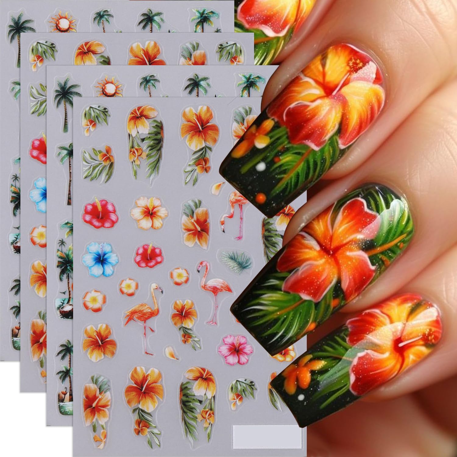 Photo 1 of Tropical Nail Stickers Summer Nail Decals 4PCS 3D Self-Adhesive Palm Coconut Tree Flamingo Seabird Sunset Flower Design Ocean Theme Summer Nail Decorations Nail Art for Women Salon Manicure Kit
