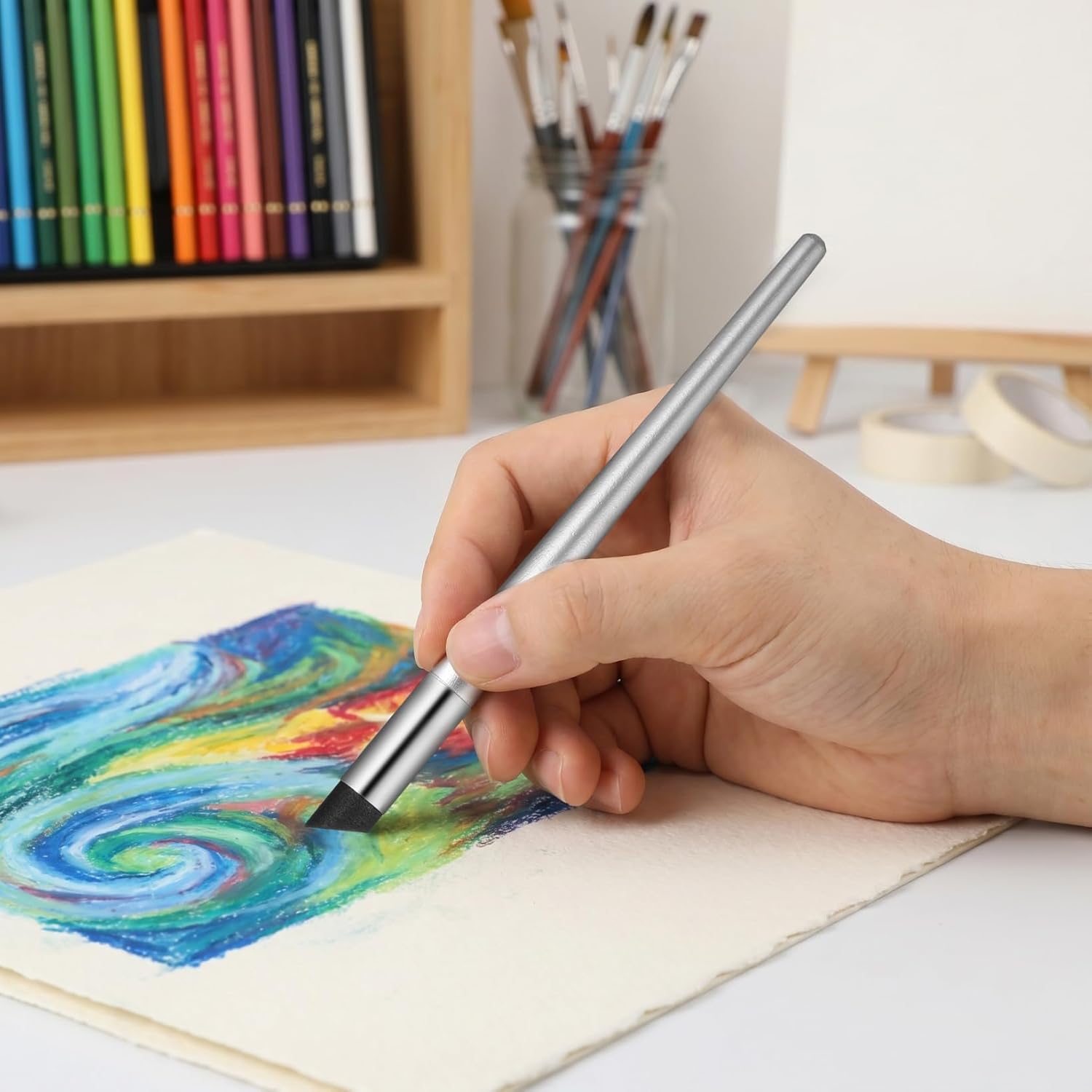 VOSAREA 1 Set Oil Pastel Blending Tools Sponge Pen with Scraper Soft Head Sponge Ball Brush Multi-Functional Drawing Tools for Smooth Transitions Painting Sketching Watercolor