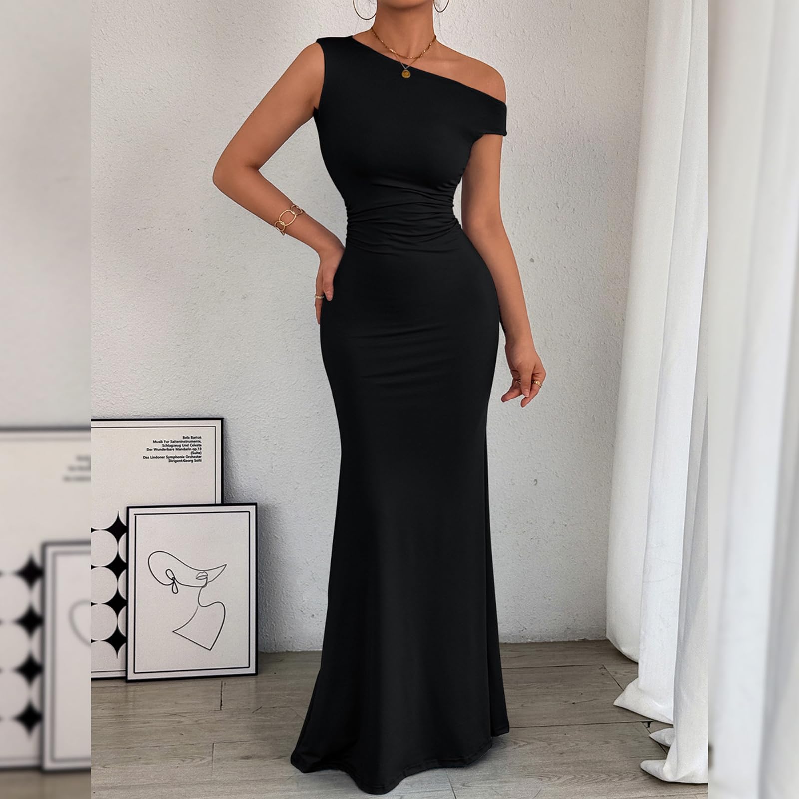 Robe Femme Sexy sans Manches Une Épaule Robes Longue Moulante Elégant Bodycon Maxi Robe de Soirée D'éte Décontracté Plissée Couleur Unie Wrap Robes pour Clubbing Cocktail Prom Fête
