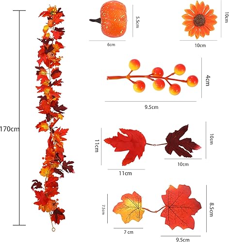 Miniatura 2 de Guirnalda artificial de otoño con hojas de arce, calabazas y bayas, guirnalda de otoño naranja de 7 pies para Acción de Gracias, chimenea de