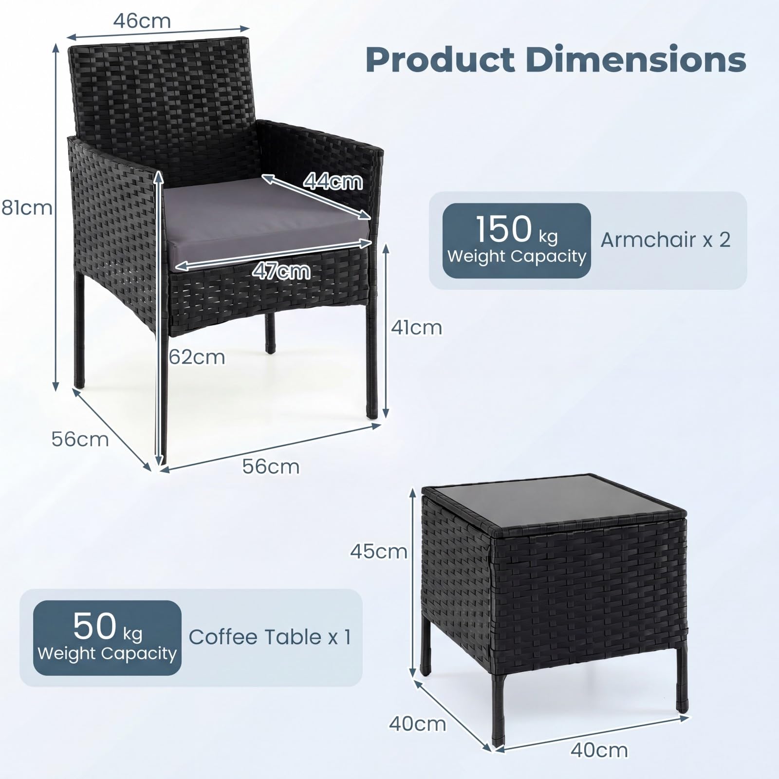 GIANTEX Juego de Muebles Jardín 3 Piezas, 2 Sillones con Cojines Extraíbles y Mesa Auxiliar de Vidrio, para 2 Personas, Muebles de Ratán Exterior para Patio, Balcón, Terraza (Gris)