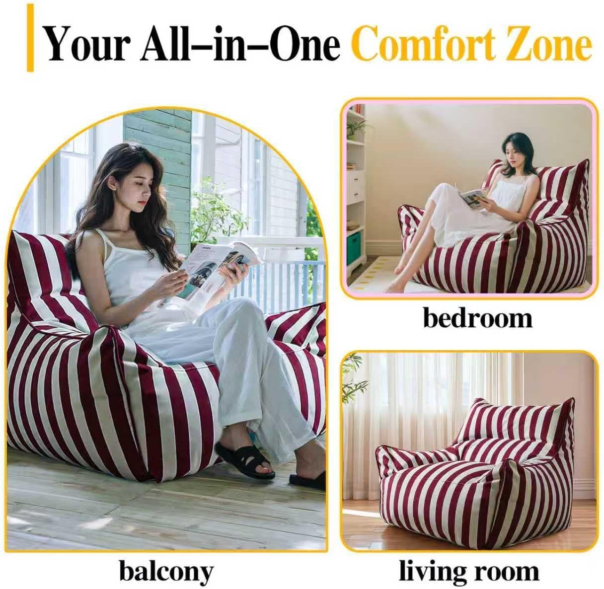 Waterproof Oxford Bean Bag Chair Cover(No Filling) Striped Machine Washable Sofa Slipcover for Floor Seating, Lounge Pouf in Living Room, Bedroom, Balcony​(Red White)
