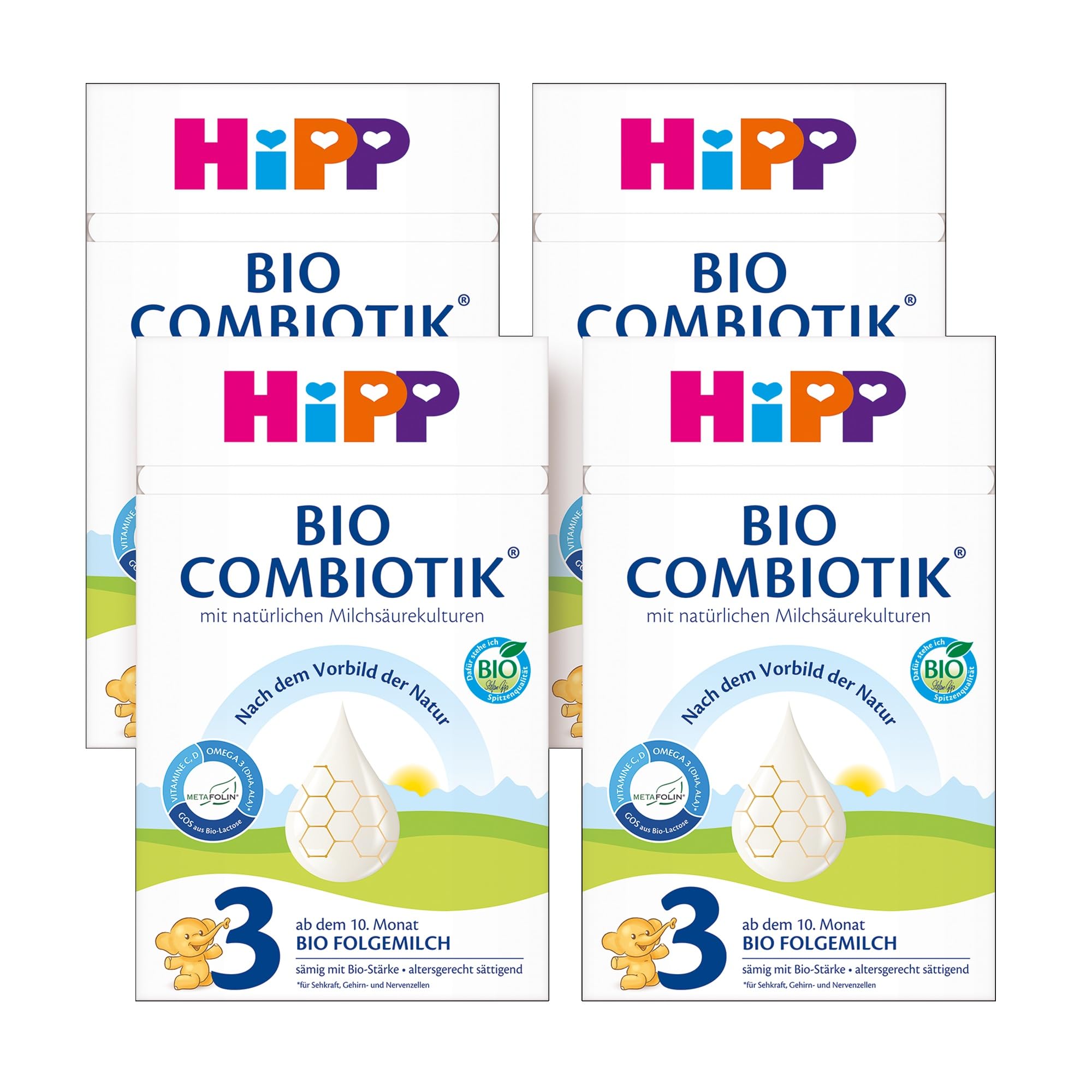 HiPP 3 Bio Combiotik (4 x 600g), Folgemilch ab 10. Monat, mit natürlichen Milchsäurekulturen, Vitamine C und D, GOS, Omega-3 (DHA, ALA), in bester Bio-Qualität