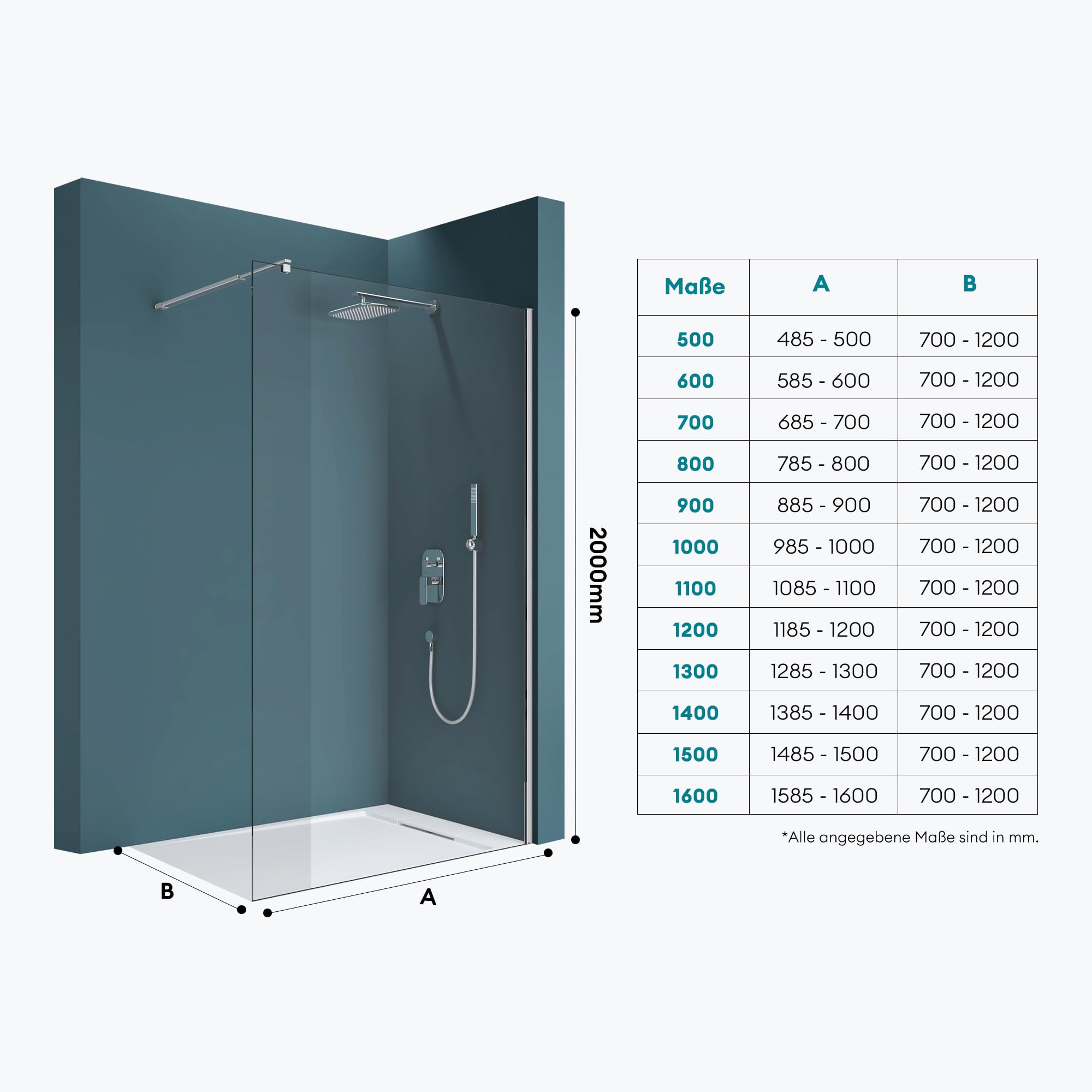 Mai & Mai Duschwand für Dusche Duschabtrennung 140x200cm Walk-In Dusche ESG-Sicherheitsglas 10mm NANO Glas BRAM3 Bremen2K