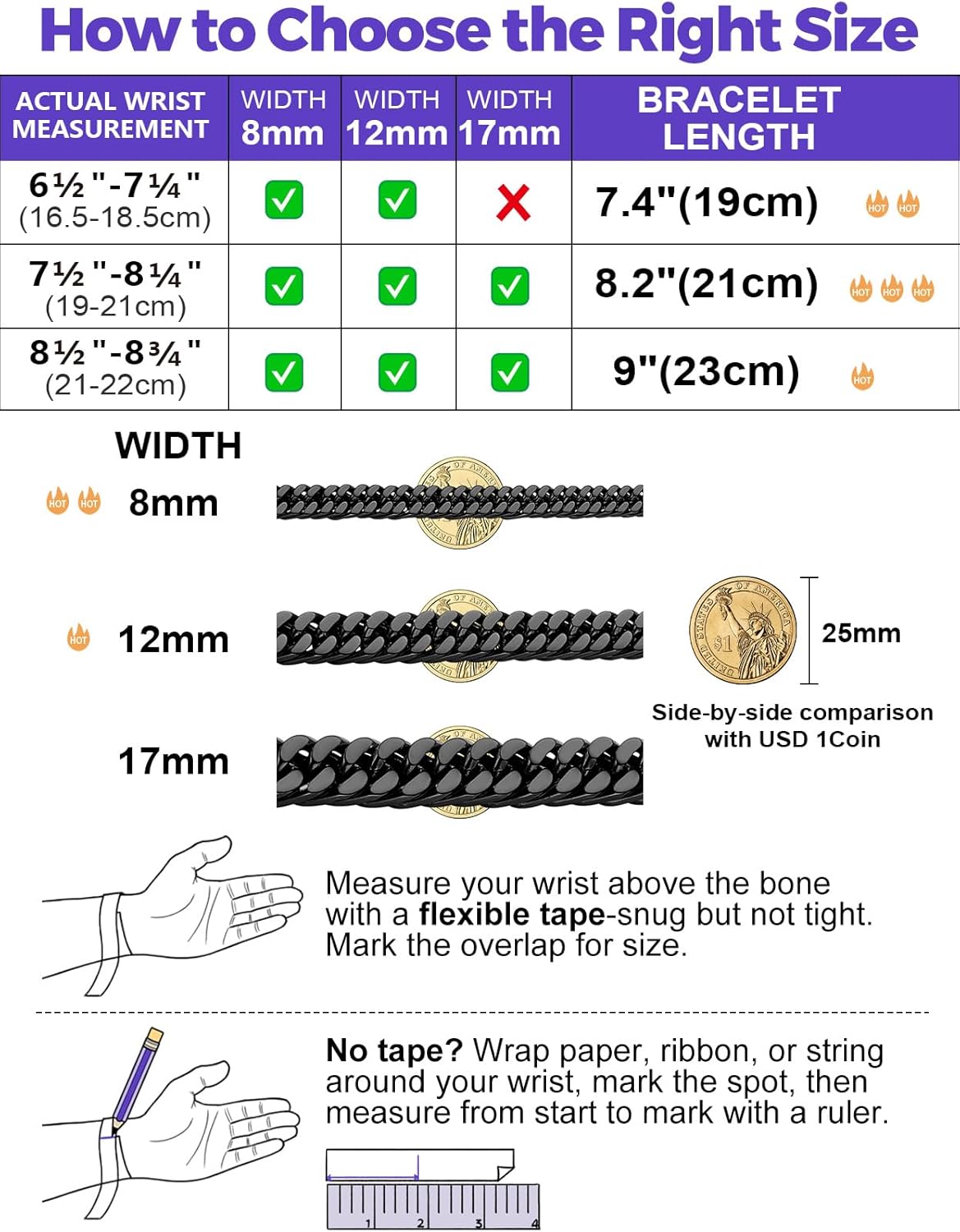 Richsteel Cuban Link Chain Bracelets 8/12/17mm Width Stainless Steel Chain Wrist Bracelets for Men, 7.4/8.2/9 Inch Length Classic Jewelry for Christmas/Valentine's Day/Birthday - Image 6