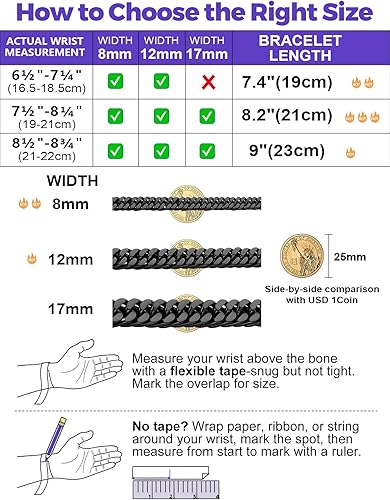 Miniatura 6 de Richsteel Pulsera de cadena de eslabones chapada en oro y negro para hombres de 81217mm de ancho, 7.48.29 pulgadas de longitud (envoltura de regalo)