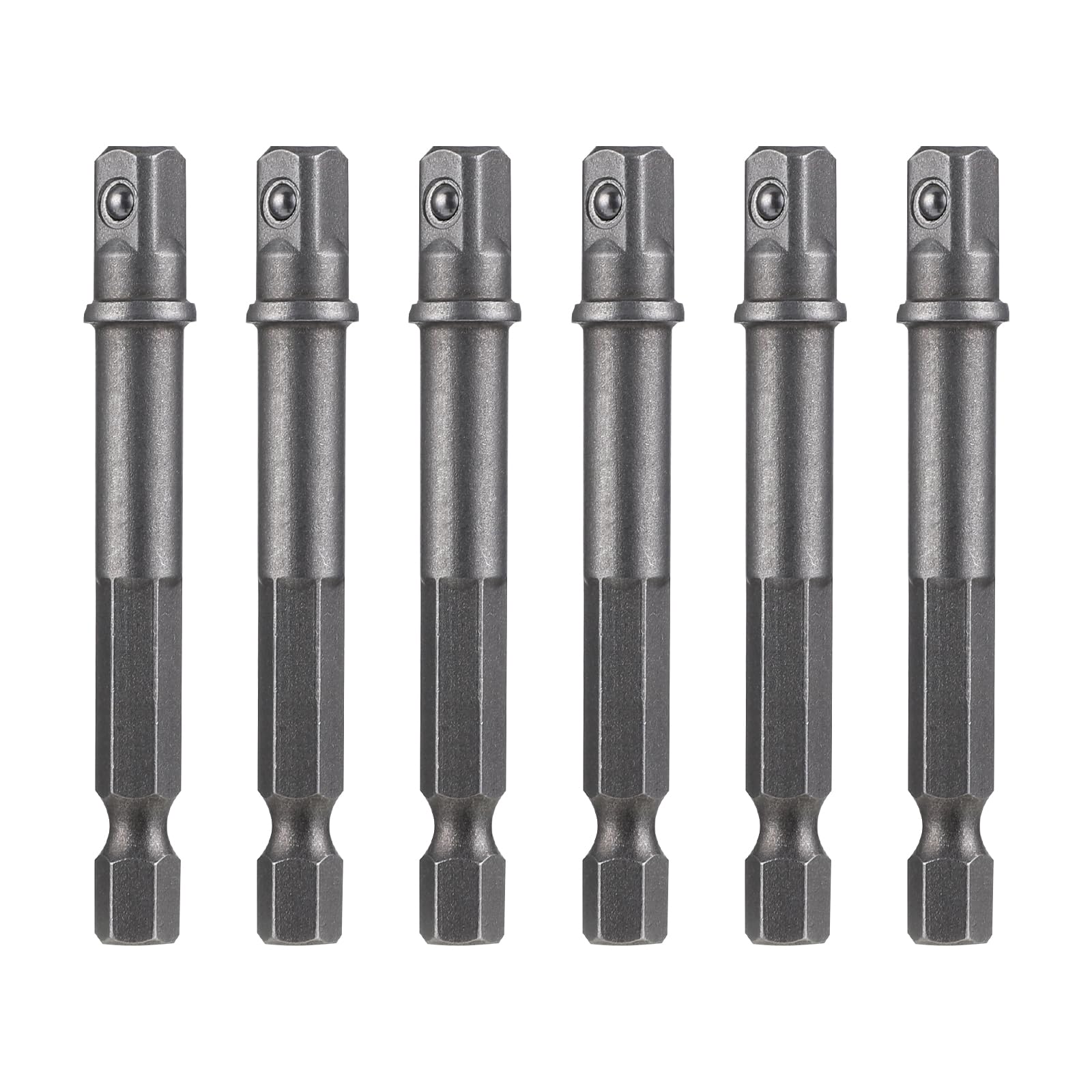 6 Pack 1/4 Inch Square Socket Adapter Bits for Drill and Impact Driver - Power Bit Set for Automotive DIY, Hex Shank, Silver