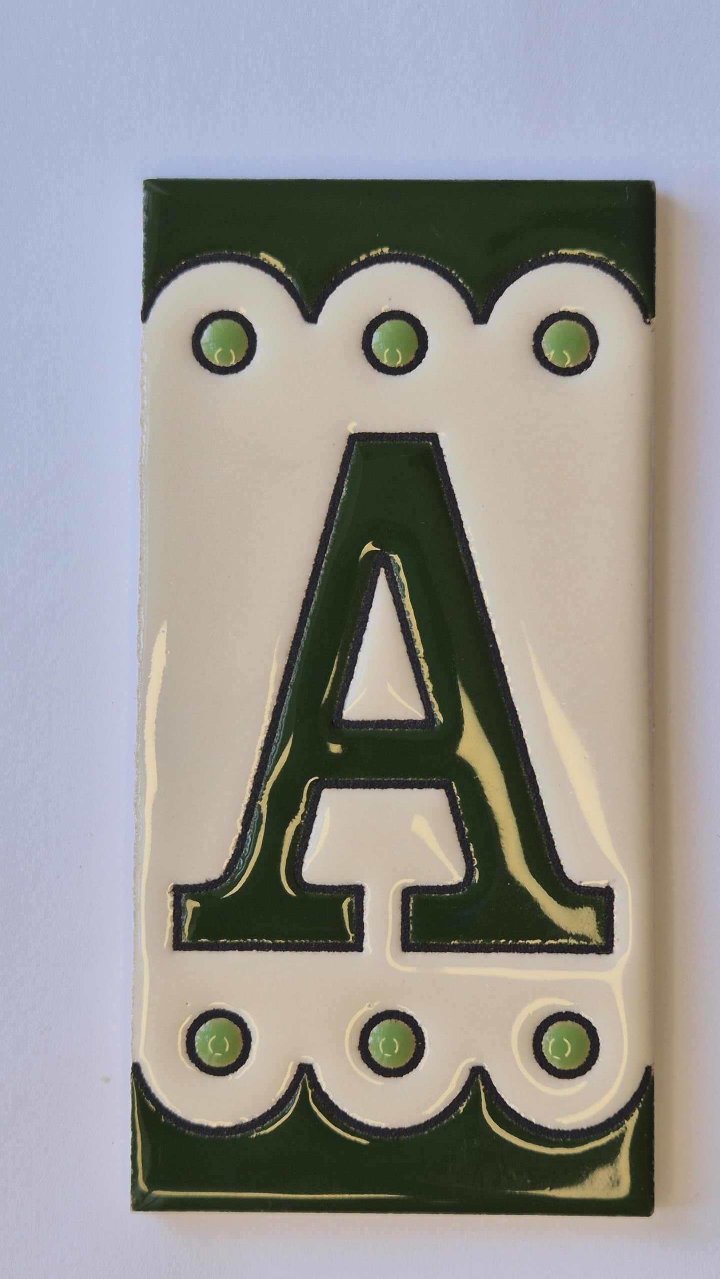 Green M-7 Spanish Hand-painted Ceramic Number Tiles 11 x 5.5 cm or 2.16 x 4.33" (Letter A tile)