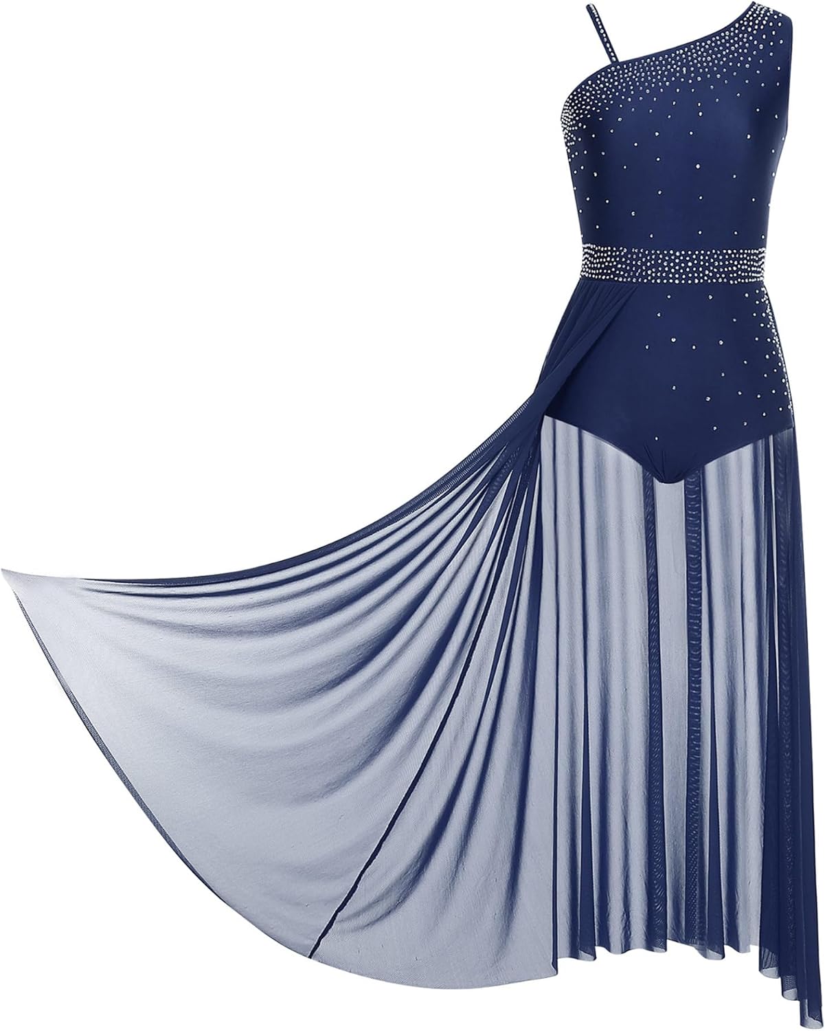 Women Lyrical Dance Dresses Glittery Rhinestones Sleeveless Asymmetrical Shoulder Split Dress
