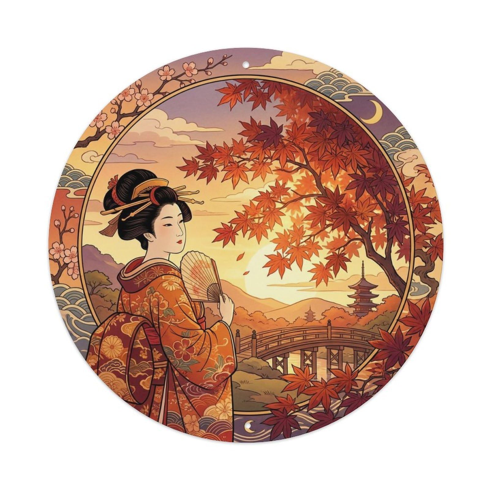 Yrnq 8X8inch Vintage Style Japanese Geisha Evening Sun Red Maple Admiring Metal Tin Sign