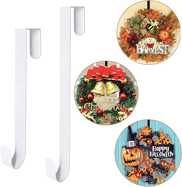 2Pc 12/15inch White Christmas Wreath Hanger for Front Door,Metal Wreath Hook Hangers Christmas Wreath Hanging Hook,Over the Door Garland Hanger Hook Holders for Xmas Door Wall Home Office Wreath Decor