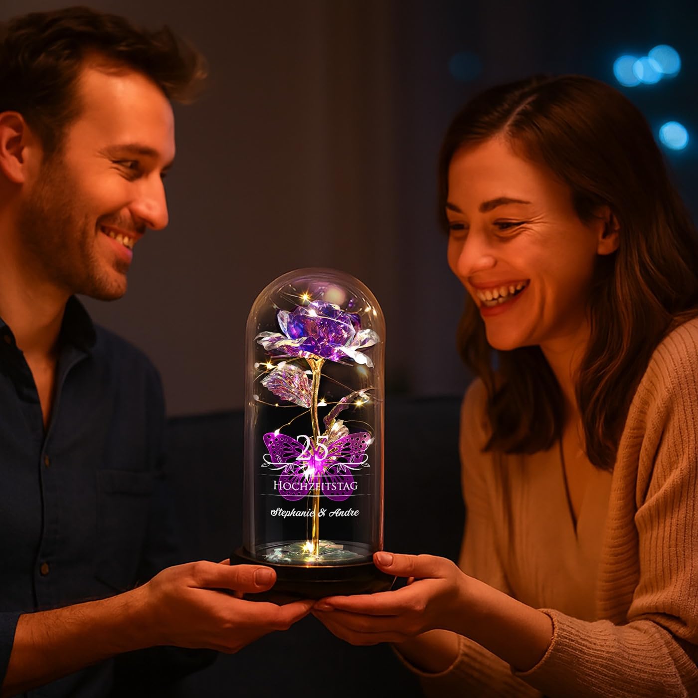 Maverton ewige Rose mit Gravur personalisiert - Rose im Glas mit Licht - Hochzeitsgeschenke für Brautpaar - personalisierte Geschenke zum Hochzeitstag zur Hochzeit
