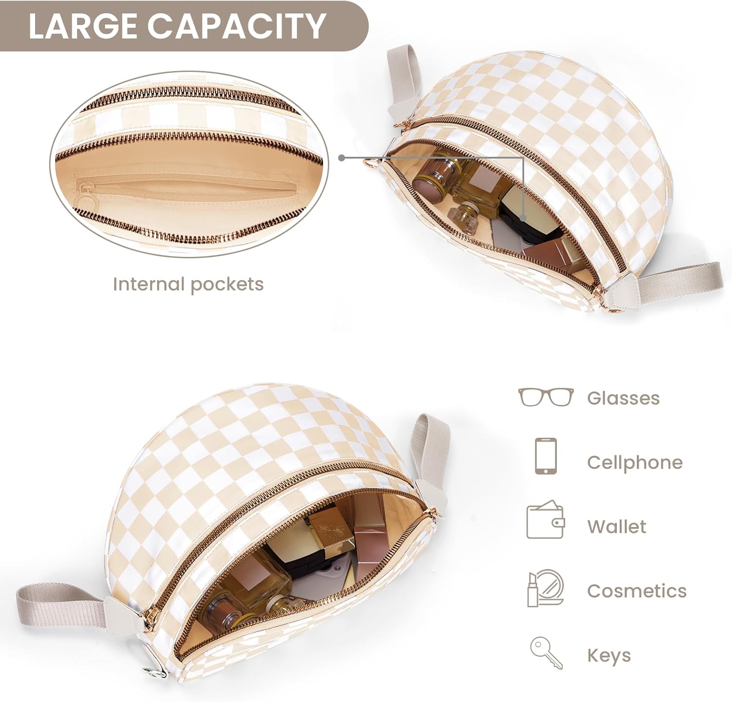 hibear Checkered Crossbody Bag Spacious Bum Bags for Women Nylon Crossbody Fanny Packs Checkered Purse Belt Wallet - Image 5
