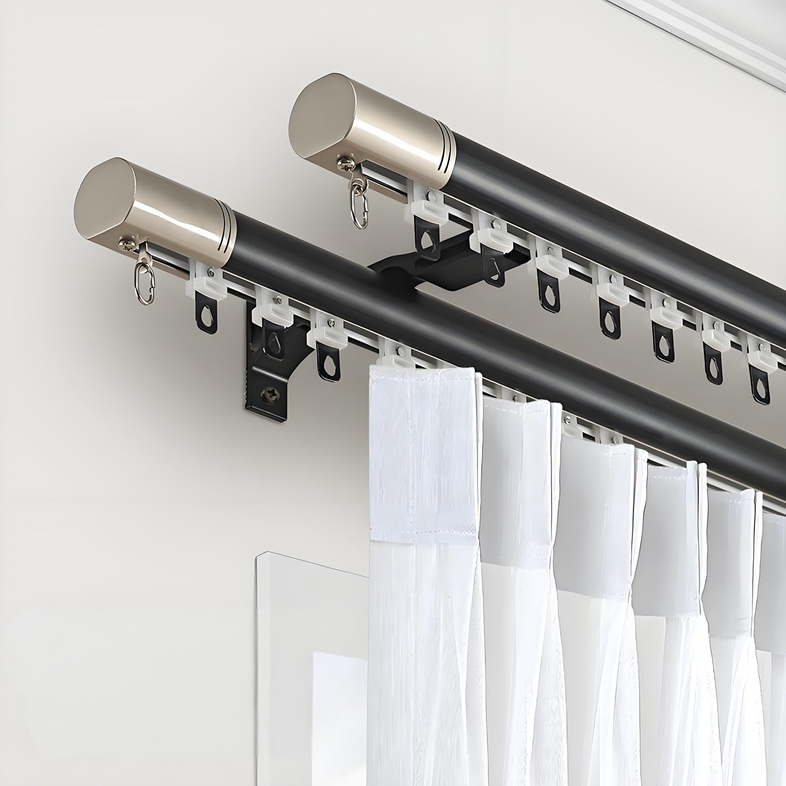 Tringle à rideaux double robuste en métal noir de 1,6 m