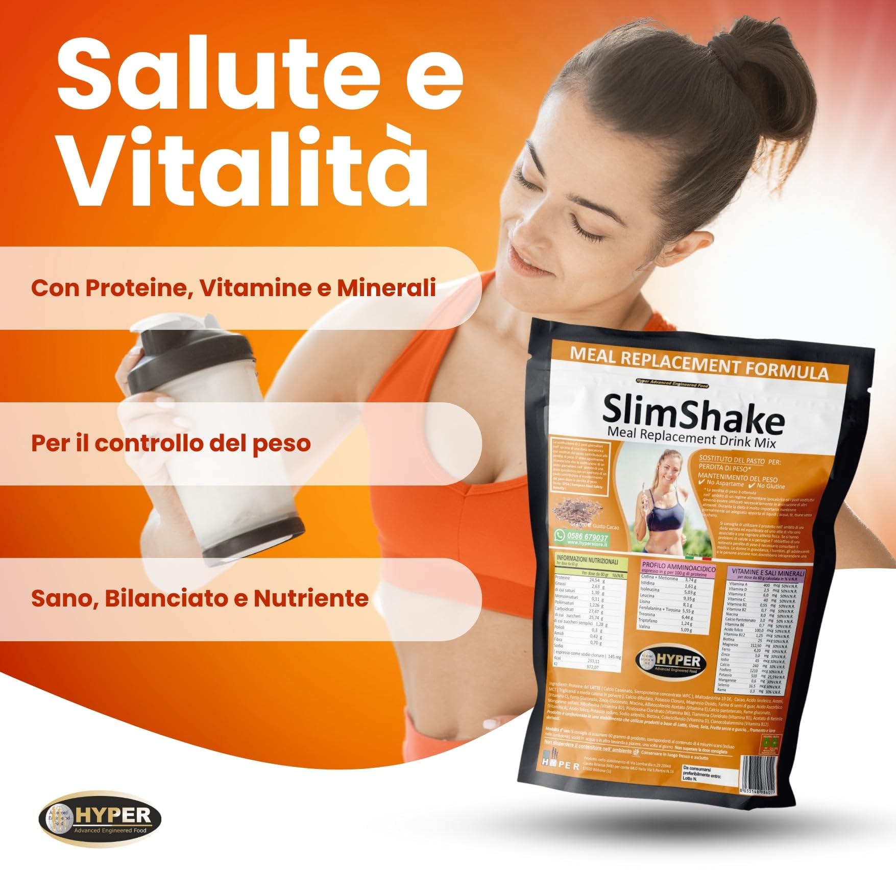 Hyper Slim Shake - Sostituto Pasto Dimagrante gr 3000 Gusto Cacao - Pasto Sostitutivo Dimagrante per Frullati e Shakes Proteici Ideale per Perdita e Controllo del Peso Forma. Made in Italy