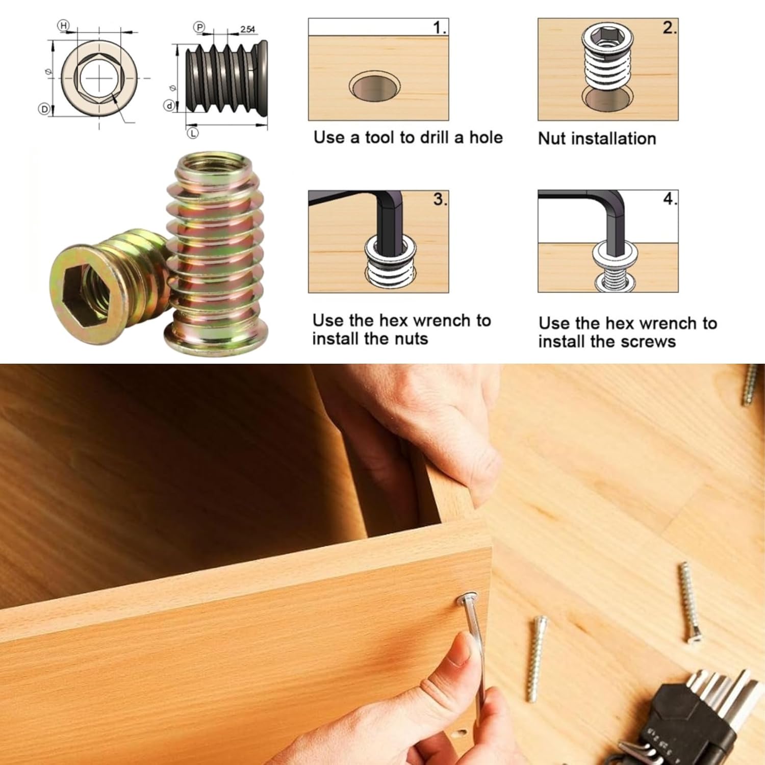 200pcs Threaded Inserts for Wood, 1/4"-20x15mm Screw in Nut Assortment Kit, Hex Drive Nut Insert for Home Office Furniture