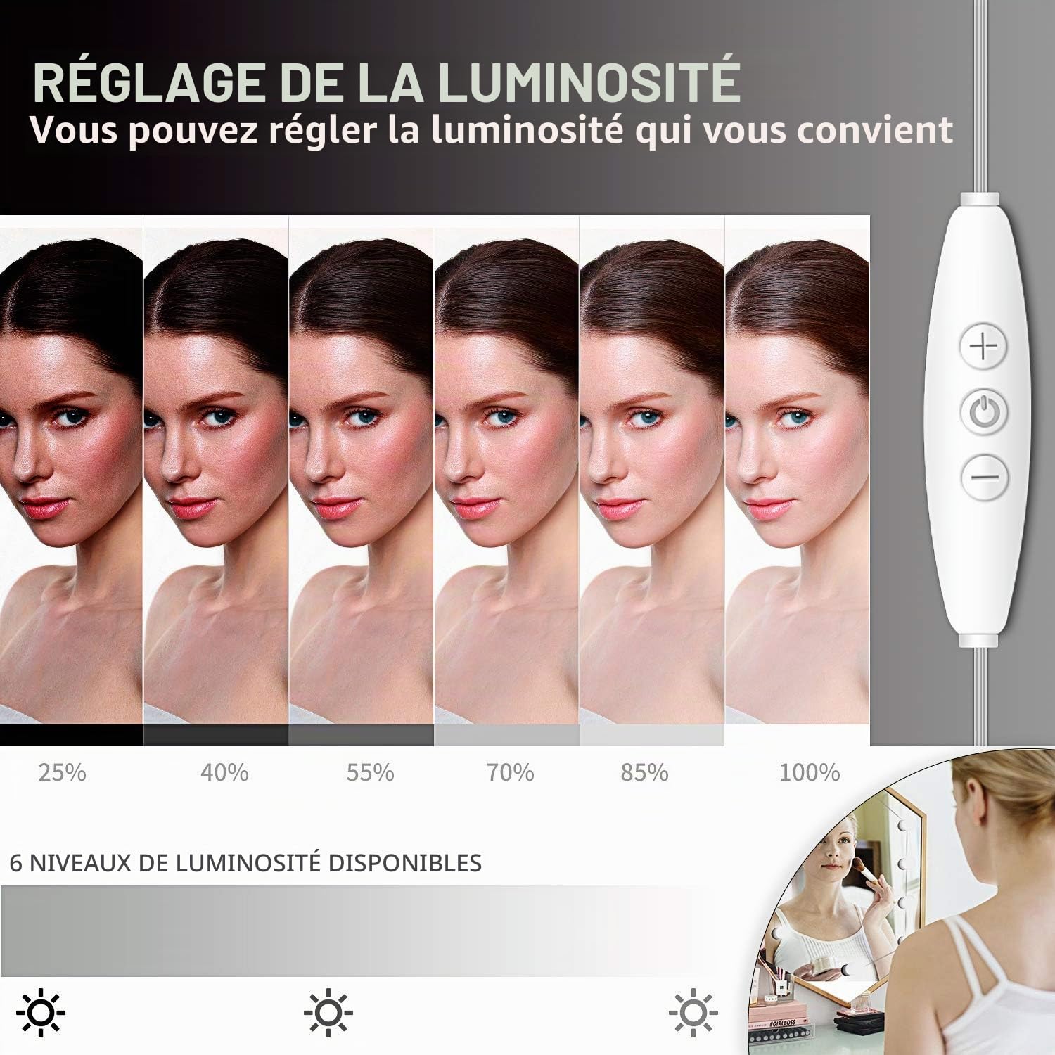 Lumière de Miroir, 12 Ampoules Hollywood Kit de Lumière LED Dimmable Lampe pour Cosmétique Salle de Bain 3 Couleurs 10 Niveaux de Luminosité (Miroir Non Inclus)