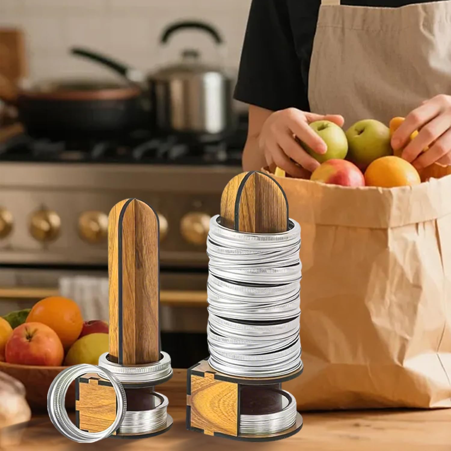 Mason Jar Lid Organizer for Inside Cabinet, 2 Pack Wooden Canning Lid Rack for Regular & Wide Mouth Lids and Rings, Kitchen Storage & Organization Accessory
