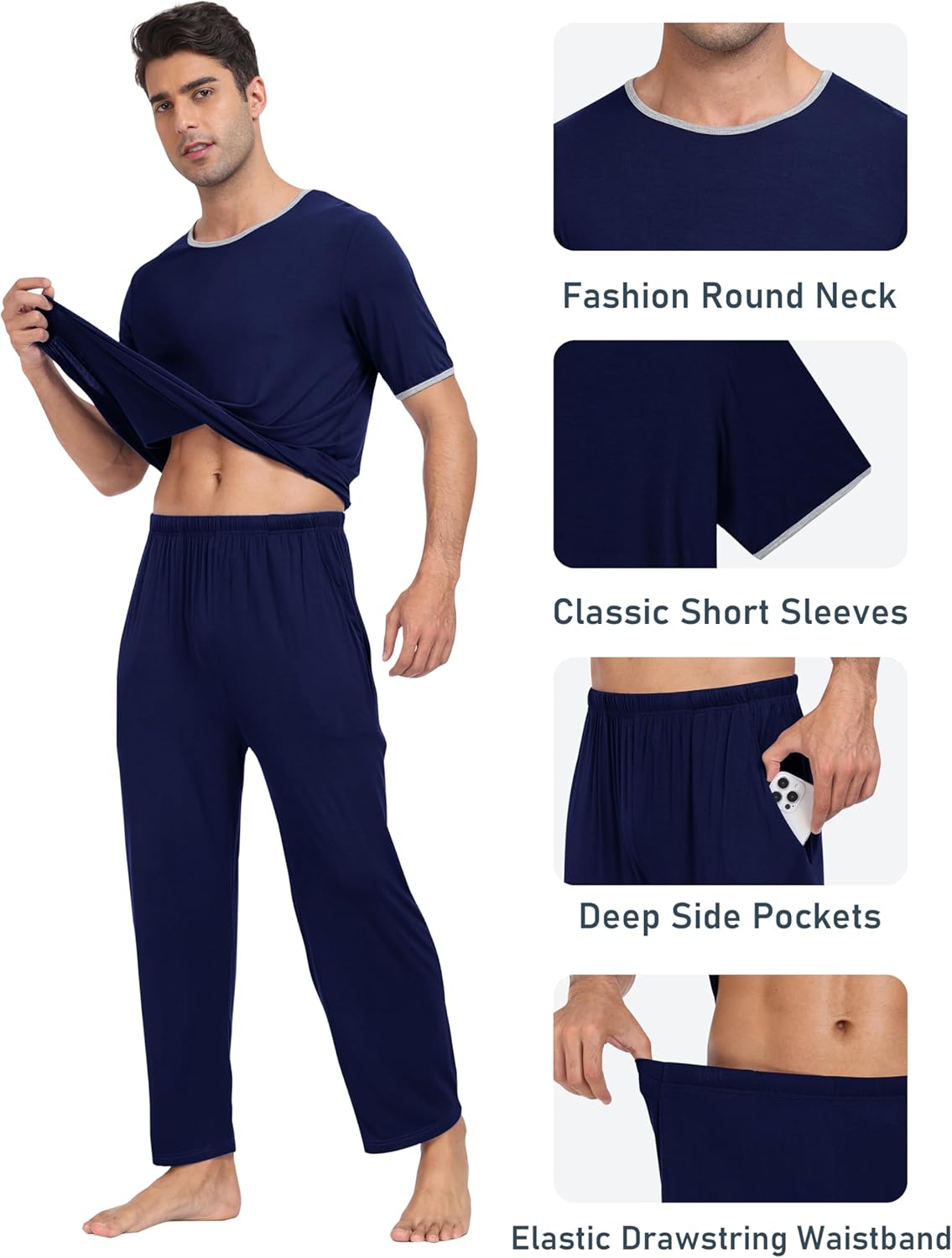 MoFiz Men's Pajamas Set Short Sleeve Bottom PJ's Pants Bedroom Pijama Sleep Night Suit 2 Piece Pjs Set Ultra Soft