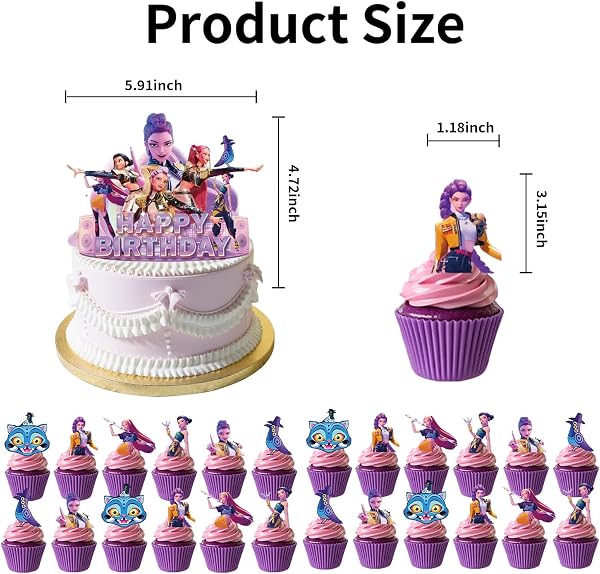 25 Pcs Anniversaire K-pop, Kit Anniversaire Demon Hunter, Décoration Gâteau et Cupcakes avec Cake Topper Happy Birthday, Décoration d’Anniversaire pour Fille, Fournitures de Fête Thème Cartoon - 3