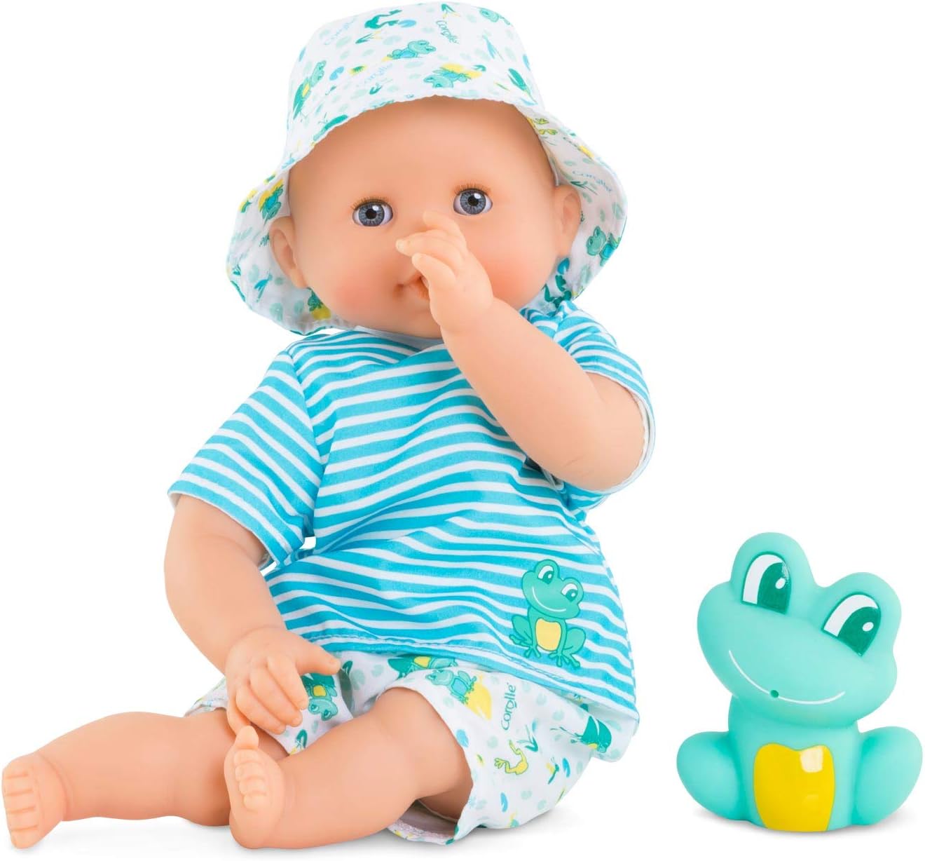 Corolle Bebe Bath Marin - 12” Boy Baby Doll with Rubber Frog Toy, Safe for Water Play in The Bathtub or Pool, Poseable Soft Body with Vanilla Scent, for Kids Ages 18 Months and Up, Aqua
