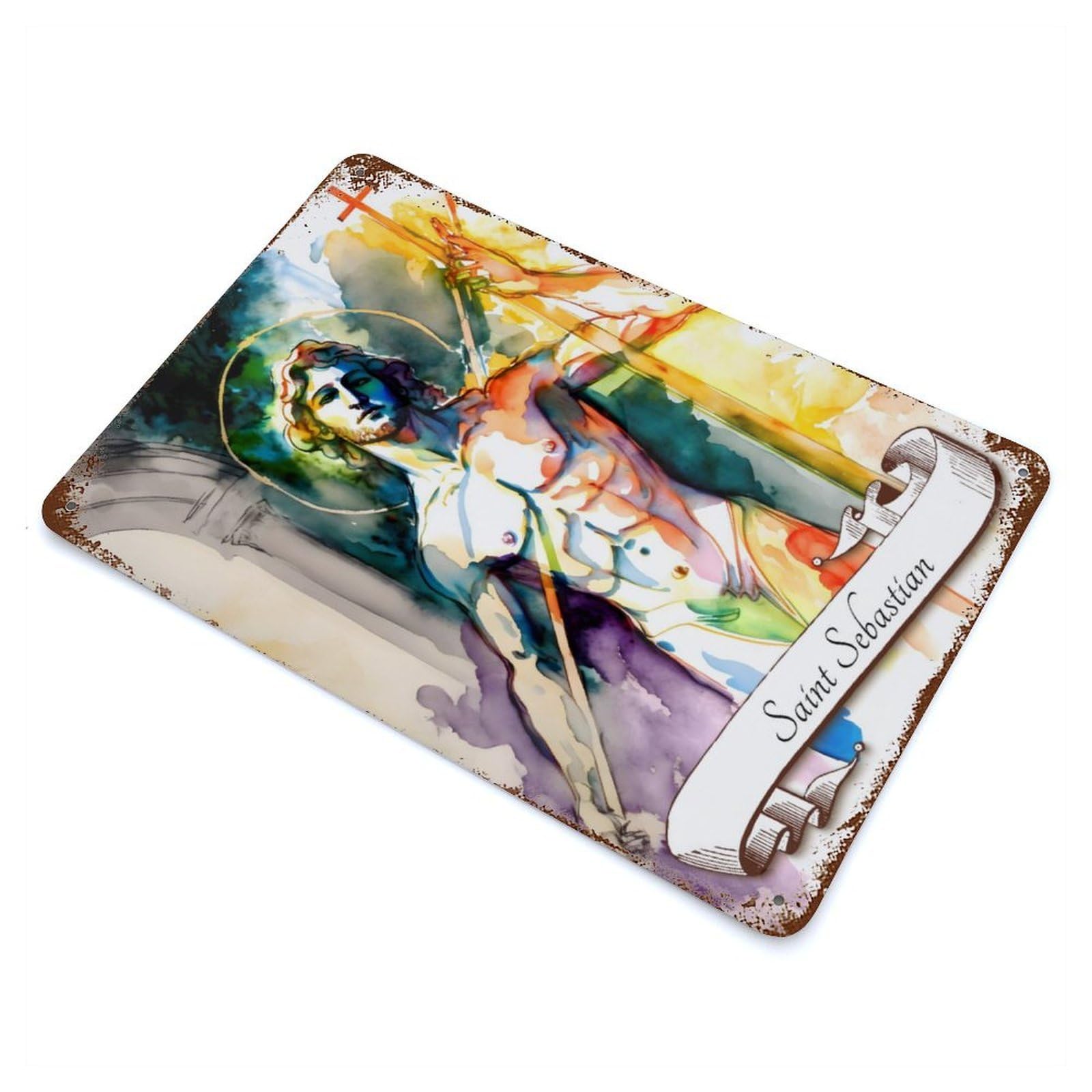 Garage Style Saint Sebastian Catholic Rusty Metal Tin Sign 11.8"x7.9", Farmhouse Wall Decor for Bar And Workshop