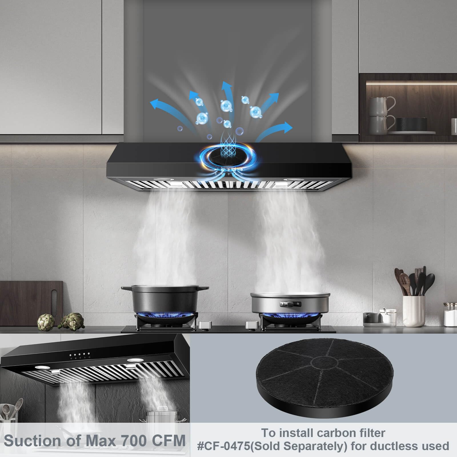 SNDOAS Campana extractora para debajo del gabinete de 30 pulgadas, campana extractora negra con acero inoxidable pintado en aerosol 430, ventilador de 3 velocidades y campana de cocina de 700 CFM