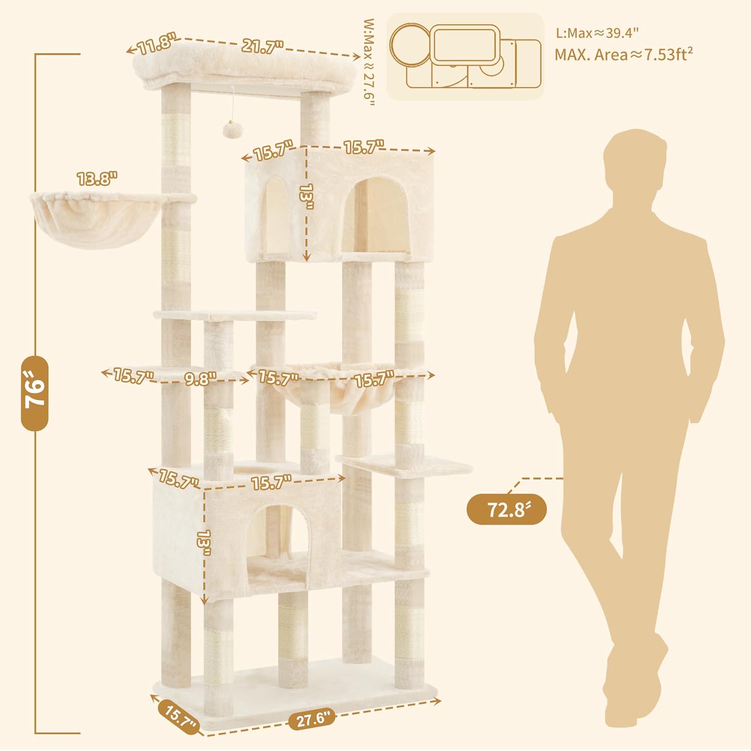 Heybly Cat Tree, 76-Inch Tall Heavy Duty Cat Tower for Big Cats with Extra Wide Baseboard, Multi-Level Large Cat Furniture with 2 Condos & 2 Hammocks, 10 Scratching Posts, Beige HCT039M