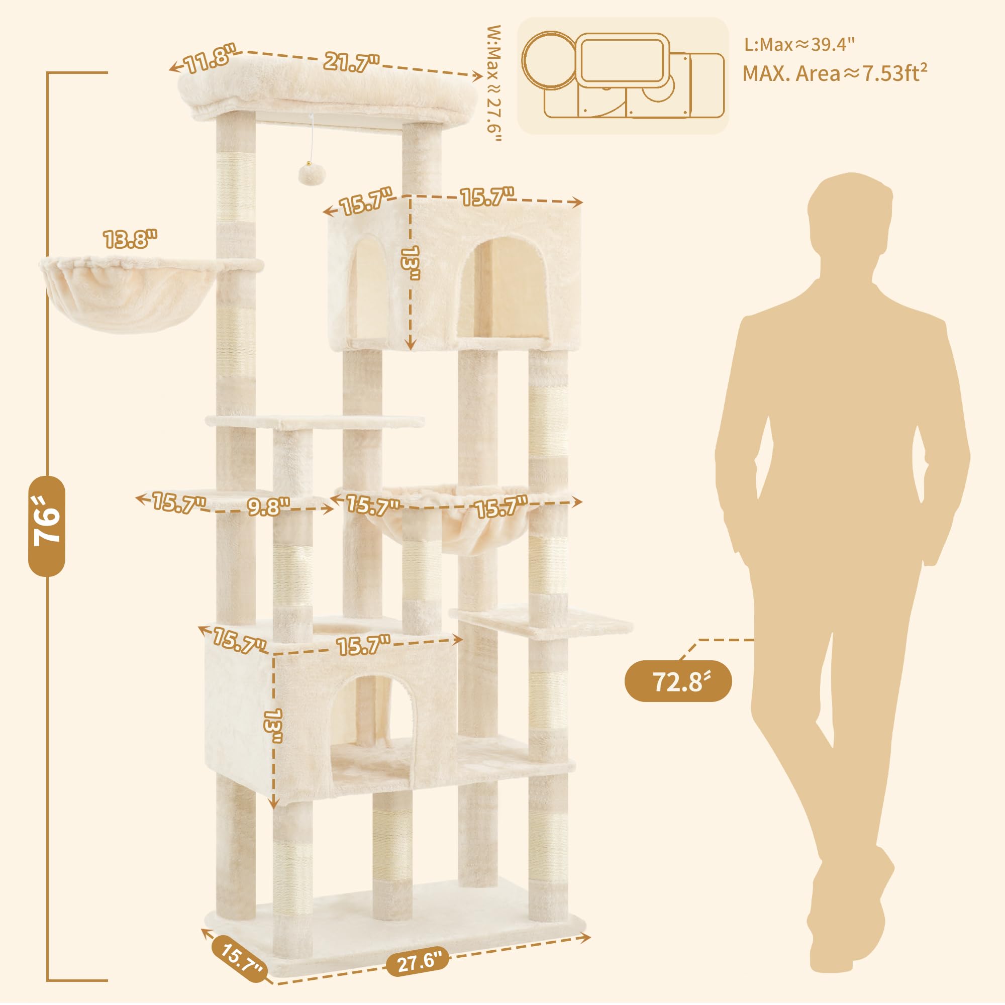 Heybly Arbre à Chat XXL 193cm, Base Extra Large, Tour Lourde avec 10 Poteaux en Sisal et 2 Hamacs pour Chats, 2 Niches Design, Mobilier et Couchage pour Chats Géants, Beige HCT039M