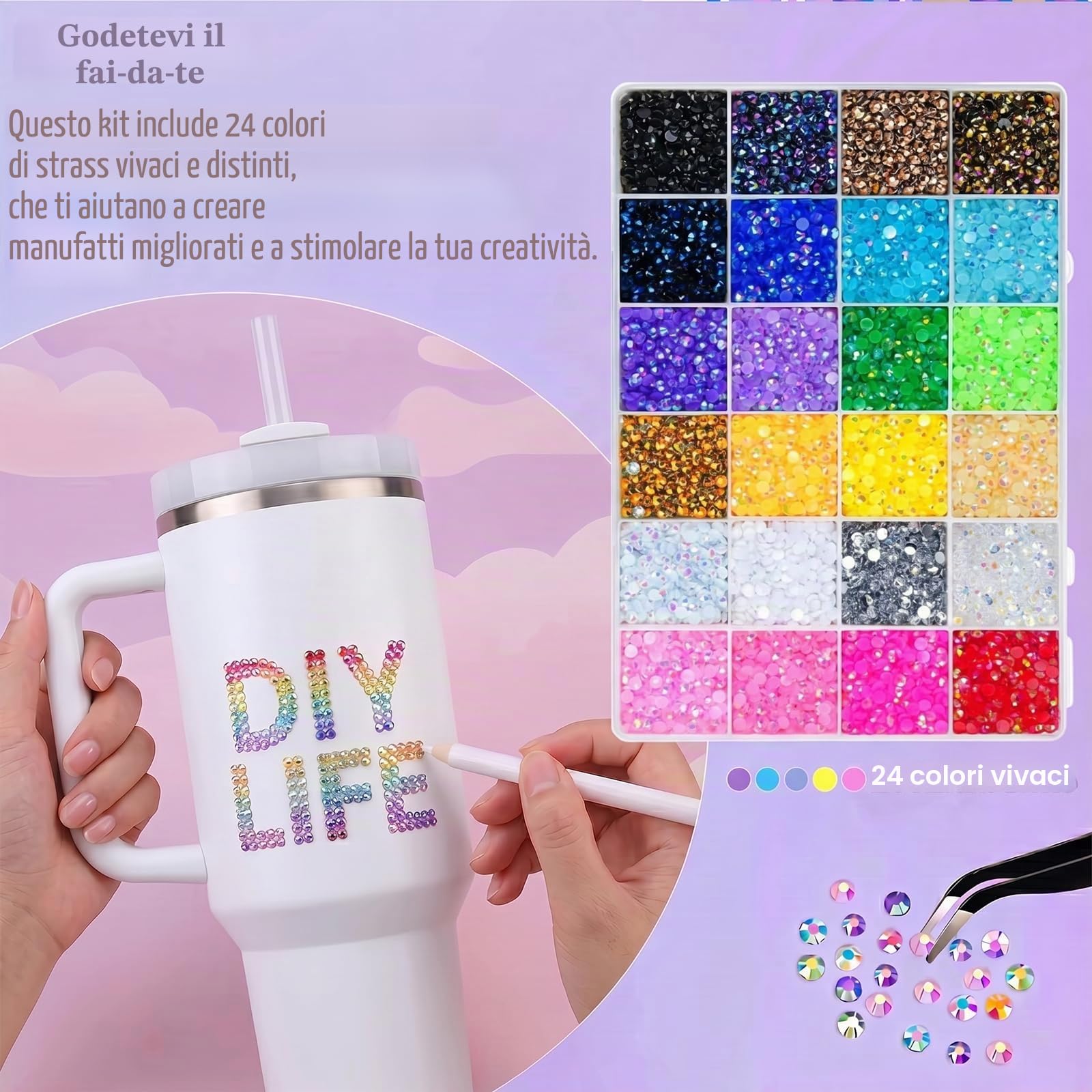 Kit Bedazzler Strass per Unghie Kit di Decorazione con Pietre Glitter da 3 mm Pinzette e Set di Strumenti Strass in Resina Jelly a Base Piatta per NailArt Fai da Te Tessuti e Diamond Painting 24Colori