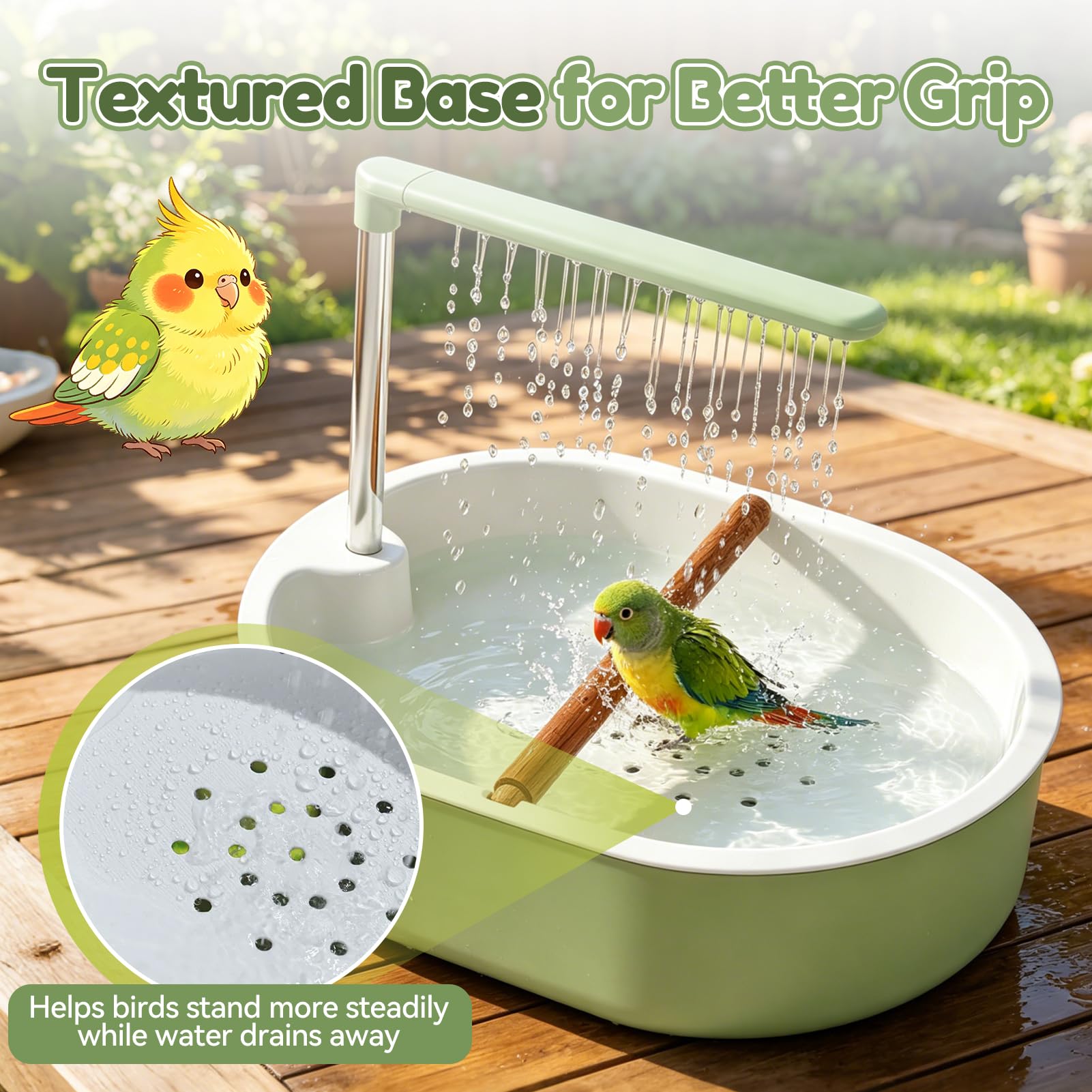 Vogeldusche Wellensittich, Vogel Badewanne mit Dusche, USB-betriebenes Vogelbad mit Wasserzirkulation, Vogel Badehaus mit Sitzstange, Rutschfester Boden, für kleine Vögel und Wellensittiche