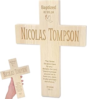 Personalized Cross Baptism Gift - First Communion Wall Cross w/ Name, Baby Christening Gifts, Wooden Custom Cross, Religious Table Decor Kids Nursery, Unique Catholic Baptism Gifts for Boys & Girls