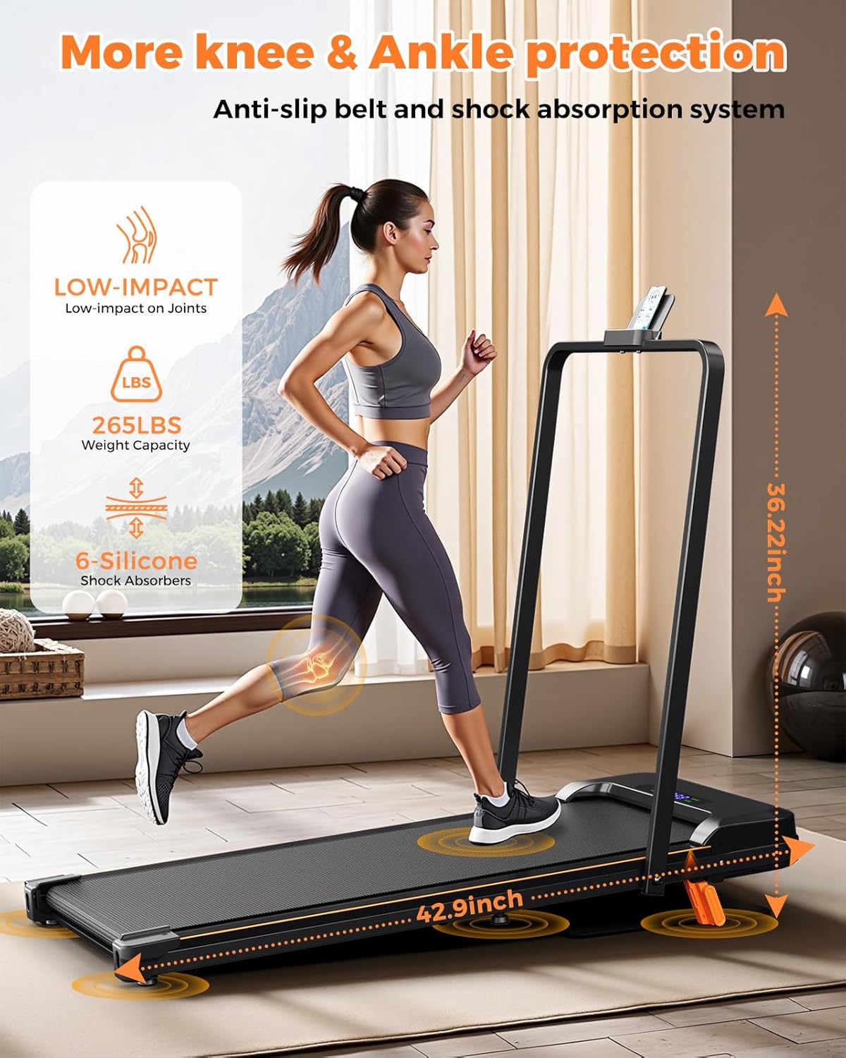 Woman running on AIRHOT Walking Pad Treadmill, illustrating shock absorption and weight capacity.