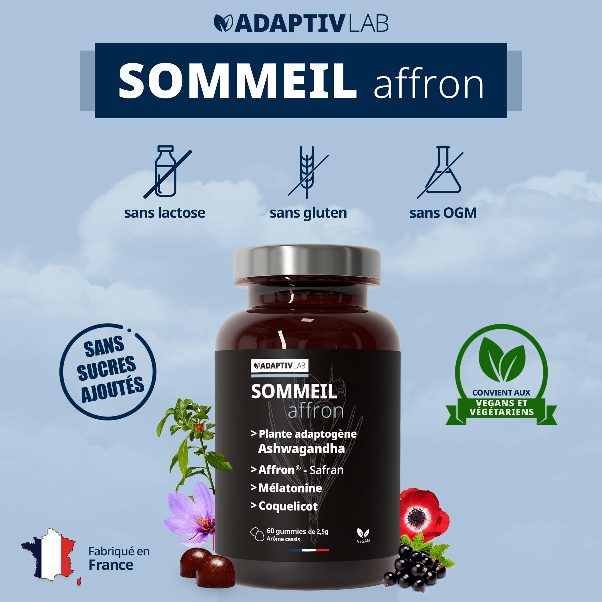 AFFRON - 60 Gummies Sommeil - Vegan et Végétarien Arôme Cassis Complement Alimentaire Adulte con Ashwagandha et Melatonine 1,9 mg Fabrique en France