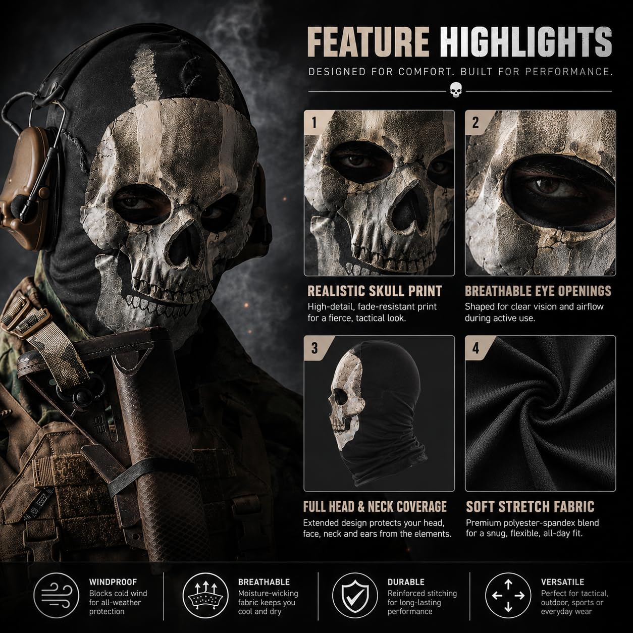 Maschera Ghost Call of Duty, maschera con teschio e merluzzo, maschera fantasma, per Halloween, passamontagna, maschera da fantasma, maschera da scheletro antivento, per cosplay
