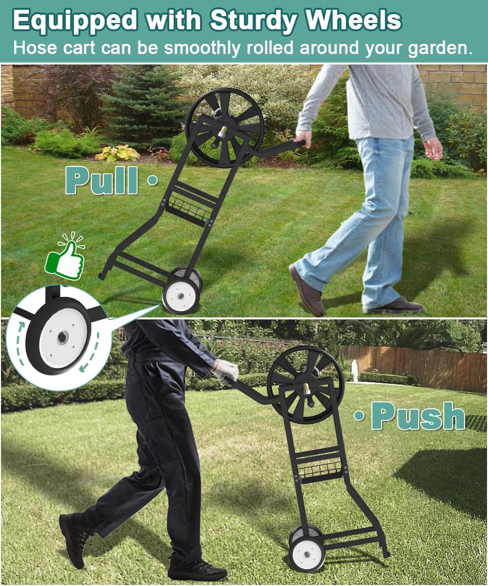 Garden Hose Reel Cart with Wheels, Outdoor Heavy Duty Powder Coated Steel Water Winder Storage Holds 125 ft 5/8" Hoses with 3.9ft Leader Hose and Basket for Backyard, Yard, Lawn, Black
