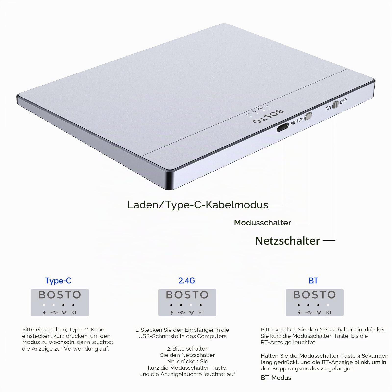 HUIOP Trackpad, T02 kabelgebundenes und kabelloses Touchpad, 2,4 G & BT & USB, ultradünn, gehärtetes Glas, Oberflächendesign, tragbares Trackpad, Multi-Touch-Navigation für Desktop-Computer, Laptop