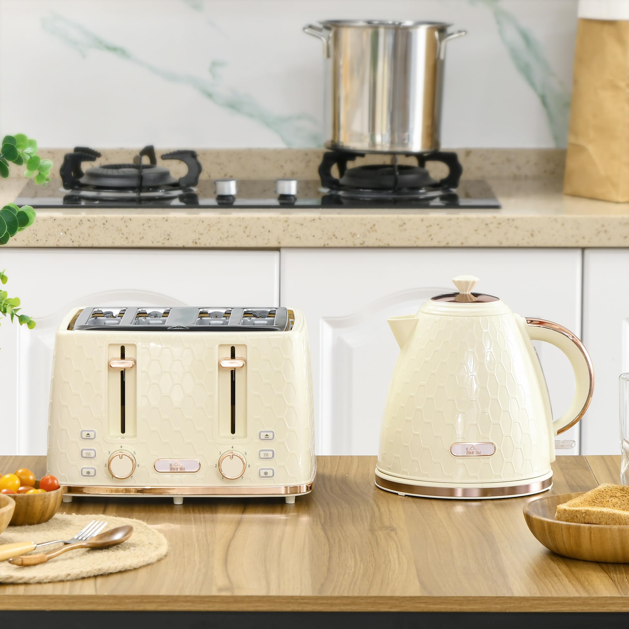 HOMCOM Kettle Toaster Set 1,7L Bollitore 4 fette di pane tostato Set per la colazione con 7 livelli di doratura, spegnimento automatico, funzione di scongelamento e riscaldamento e vassoio