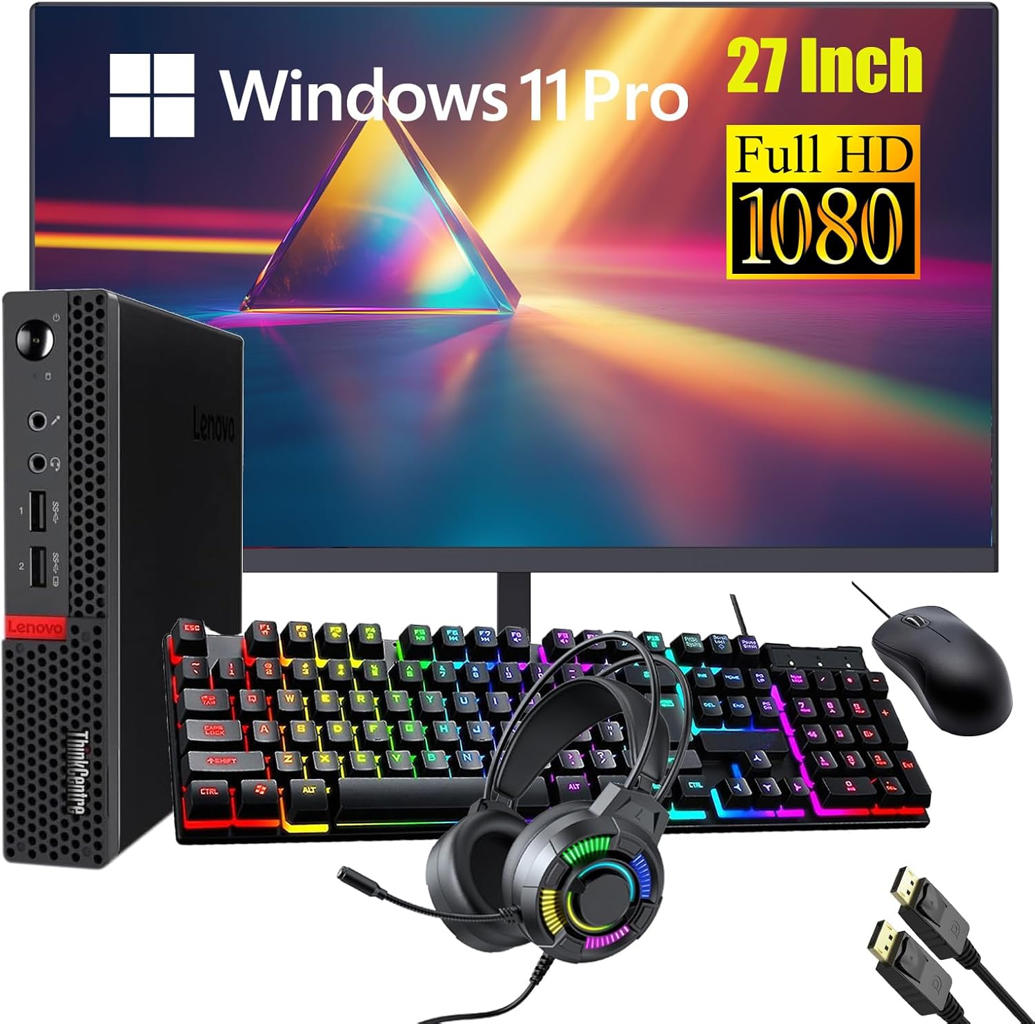 Lenovo ThinkCentre M910q Tiny Desktop Computer Mini PC, 27" FHD Monitor, RGB Headphone, Core i5-6500 3.2GHz up to 3.6GHz,16GB DDR4 RAM, 256GB SSD, Keyboard and Mouse,Windows 11 Pro (Renewed)