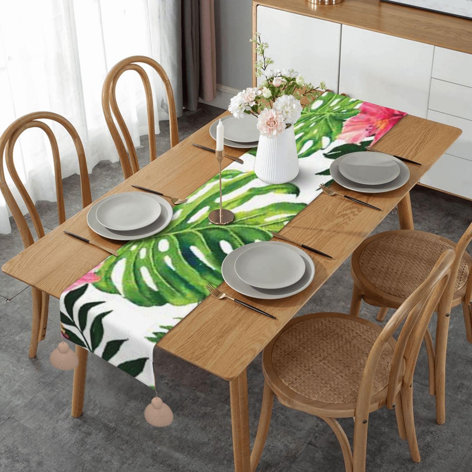 Chemin de table en lin imprimé feuilles tropicales déco table fête