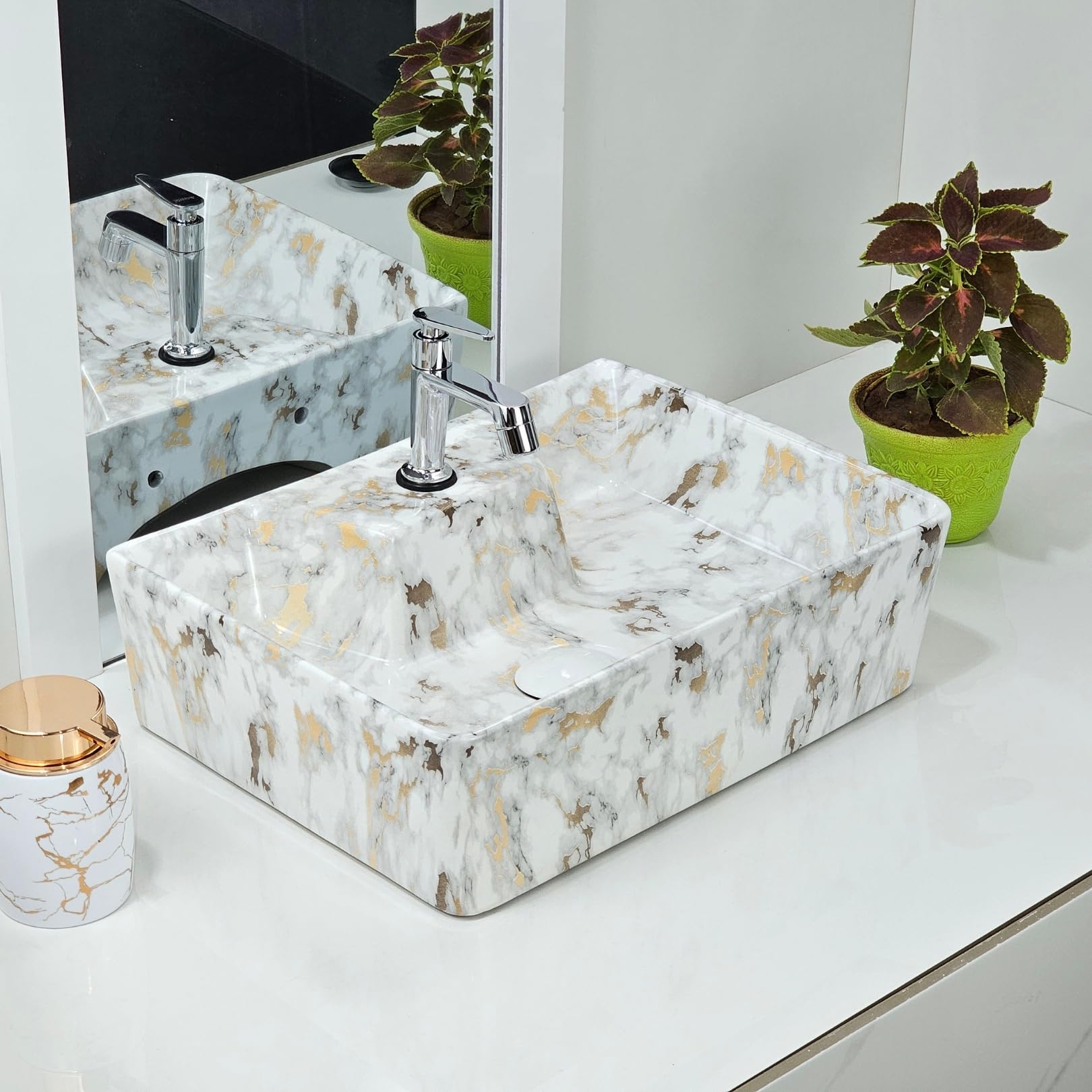 Reyal Premium Ceramic Wash Basin For Bathroom (Size: 12" X 16"X5) Wall Mount And Table Top Basin (2 In 1) Wash Basin Over Counter (Wash Basin Only) (Golden Sparks)