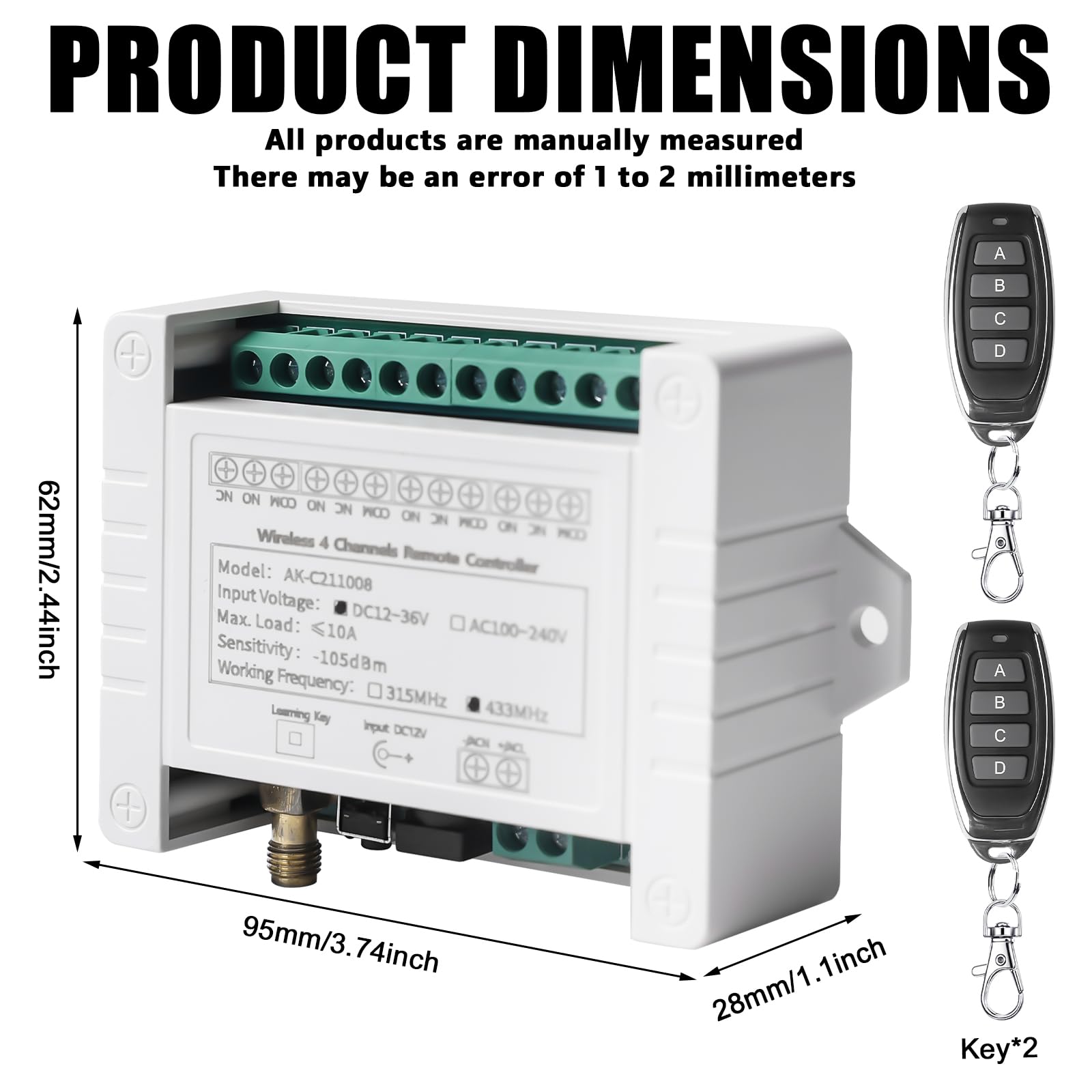 DC 12 V 24 V 36 V 4 canaux Télécommande universelle sans fil Récepteur radio Télécommande sans potentiel Moteur Moteur Porte de garage avec 2 télécommandes en métal pour télécommande émetteur porte de