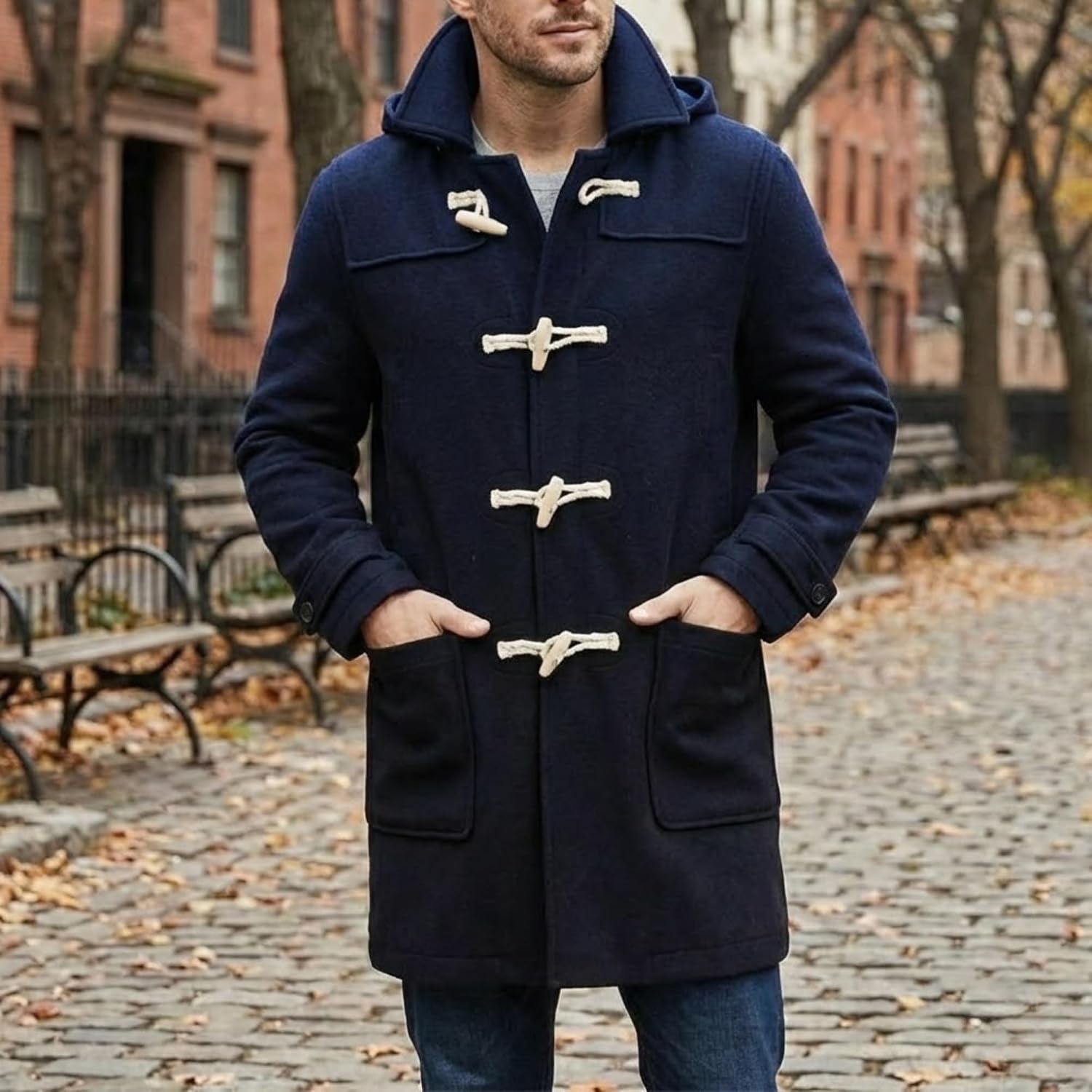 SBL SOUTH BEACH LEATHER Men’s Wool Duffle Coat with Toggle Buttons - Hooded Winter Long Coat - Warm & Stylish Overcoat