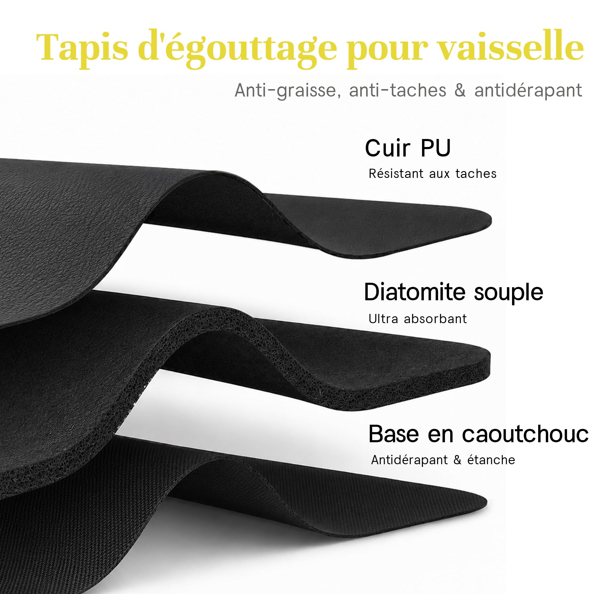 Tapis Absorbant Vaisselle et Egouttoir INOX, Grand, Noir | Tapis de sechage vaisselle facile à nettoyer avec egouttoir vaisselle inox. Parfait pour plan de travail.