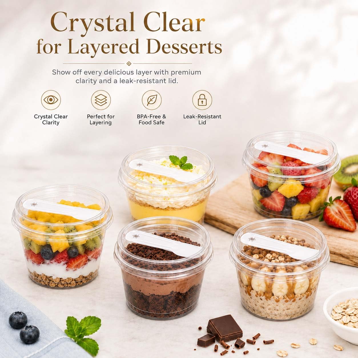 25 Pack 8 oz Dessert Cups with Lids and Spoons, Clear Parfait Cups