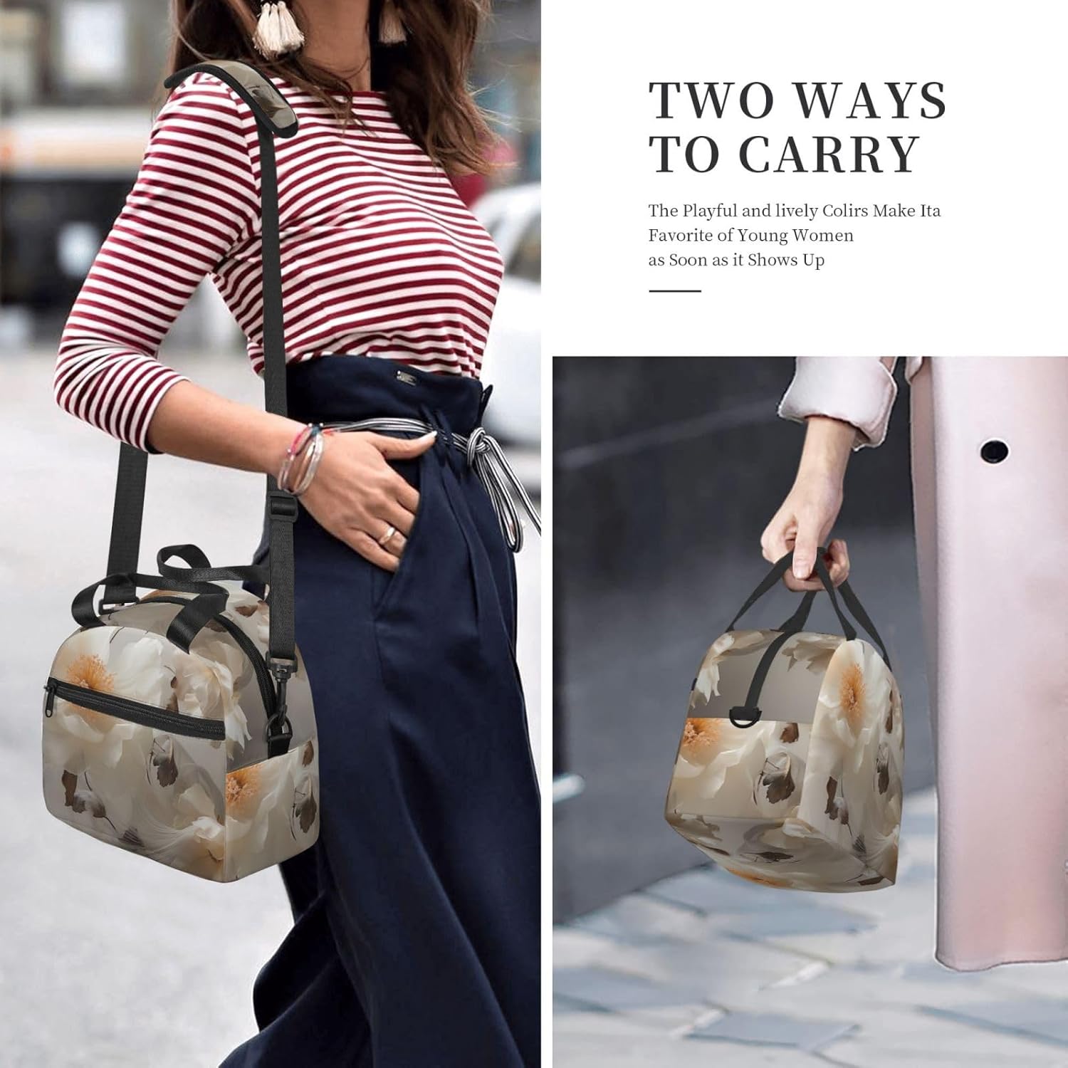 Floral Graphite Print Reusable Lunch Bag Insulated Lunch Boxes for Office Work Picnic Tote Bag Adjustable