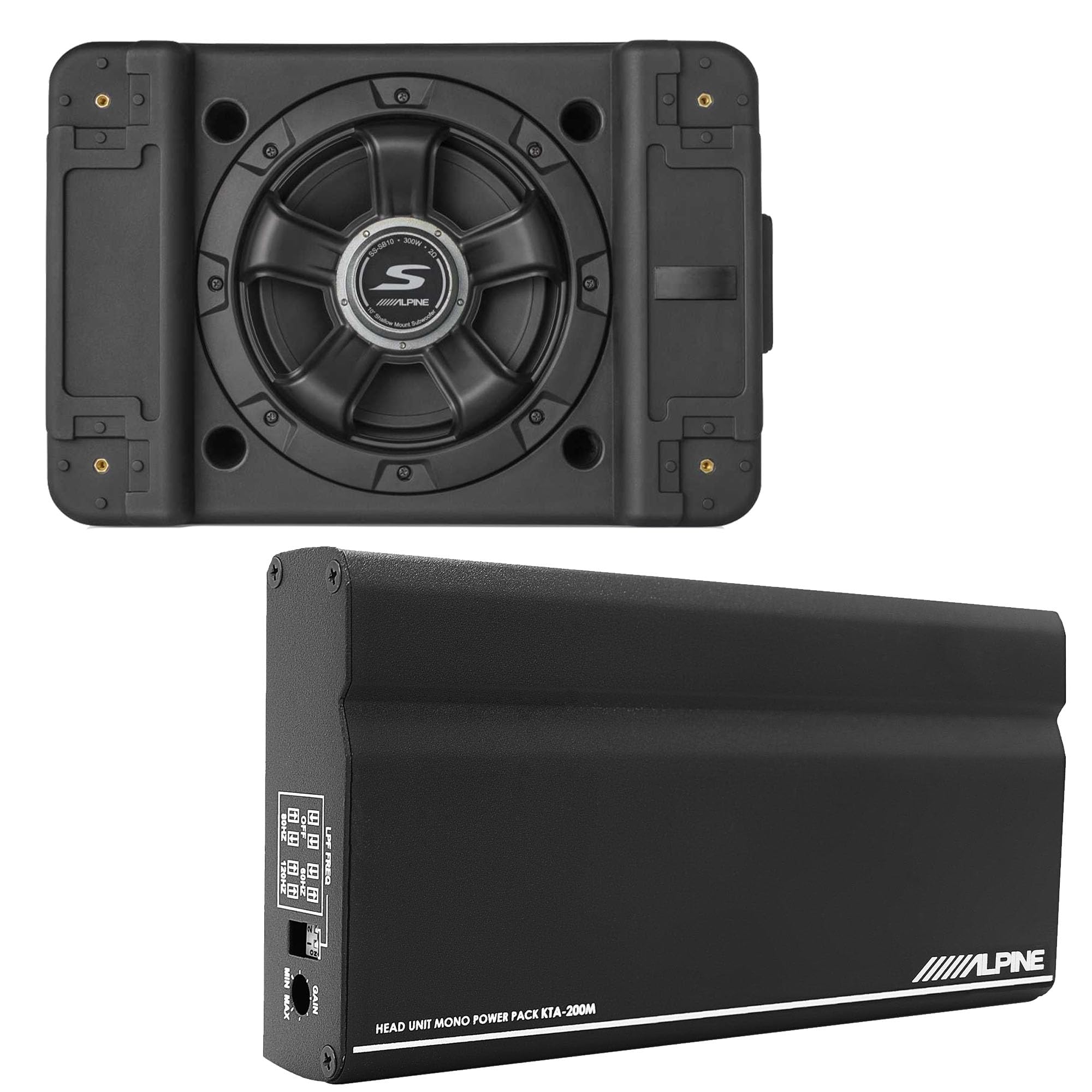 Alpine KTA-200M Mono 400-Watt Power Pack Amp & SS-SB10 Single 10” S-Series Shallow Preloaded Subwoofer Enclosure
